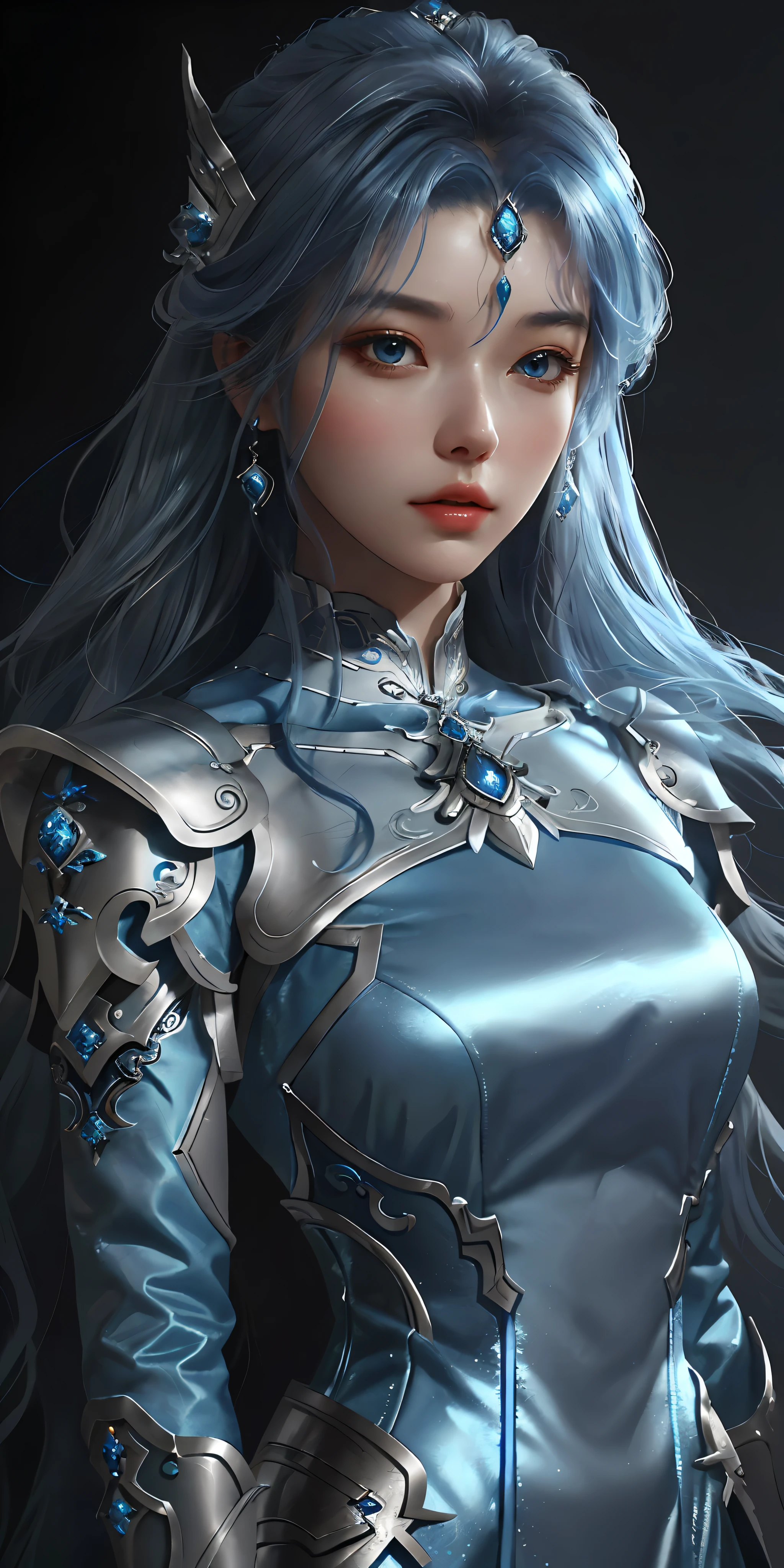 a close up of a woman in a silver and blue dress, chengwei pan on artstation, by Yang J, detailed fantasy art, stunning character art, fanart best artstation, epic exquisite character art, beautiful armor, extremely detailed artgerm, detailed digital anime art, artgerm on artstation pixiv, armor girl