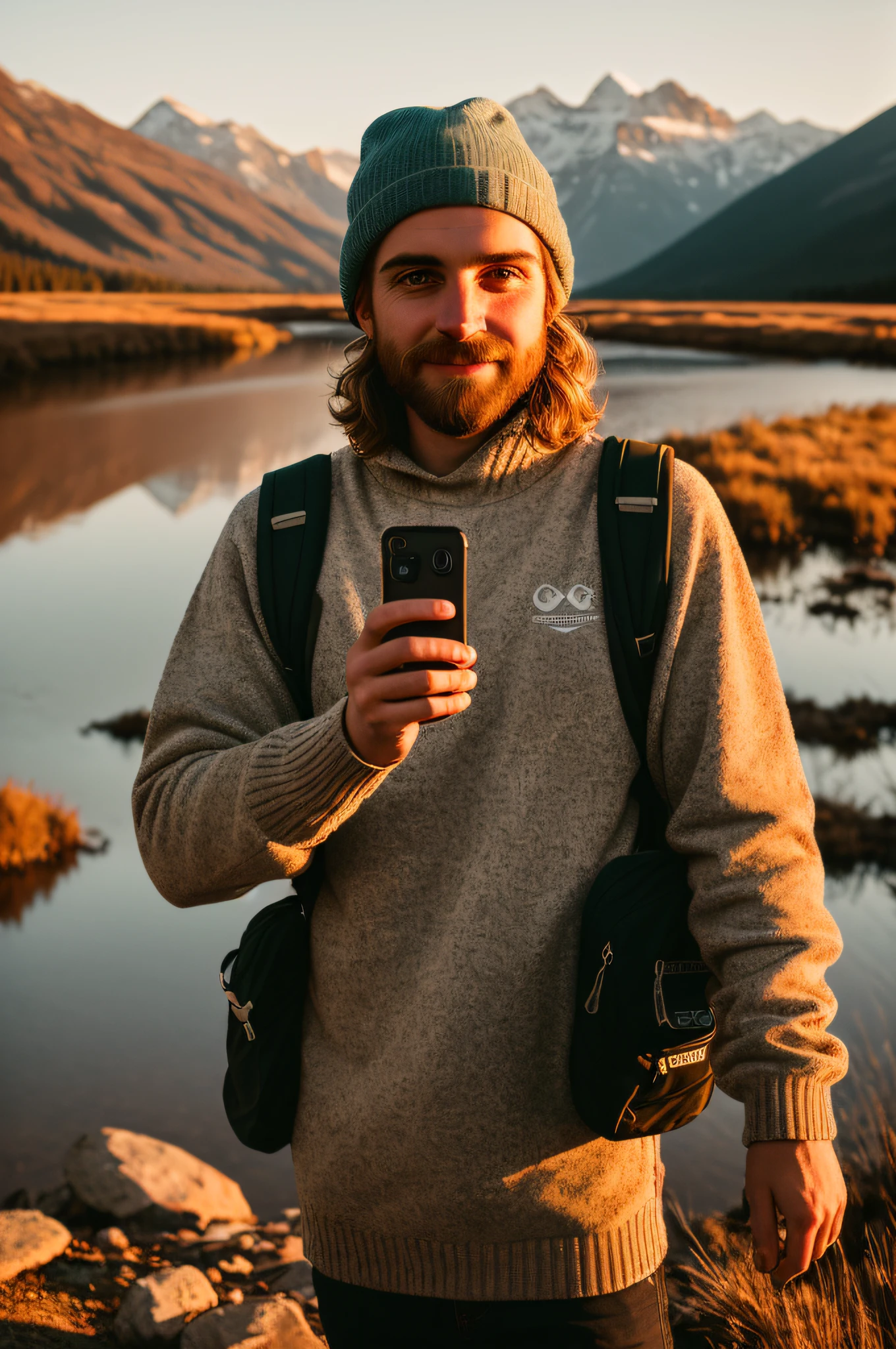 1 man((upper body selfie, happy)), masterpiece, best quality, ultra-detailed, solo, outdoors, (night), mountains, nature, (stars, moon) cheerful, happy, backpack, sleeping bag, camping stove, water bottle, mountain boots, gloves, sweater, hat, flashlight, forest, rocks, river, wood, smoke, shadows, contrast, clear sky, analog style (look at viewer:1.2) (skin texture) (film grain:1.3), (warm hue, warm tone) :1.2), close up, cinematic light, sidelighting, ultra high res, best shadow, RAW, upper body, wearing pullover