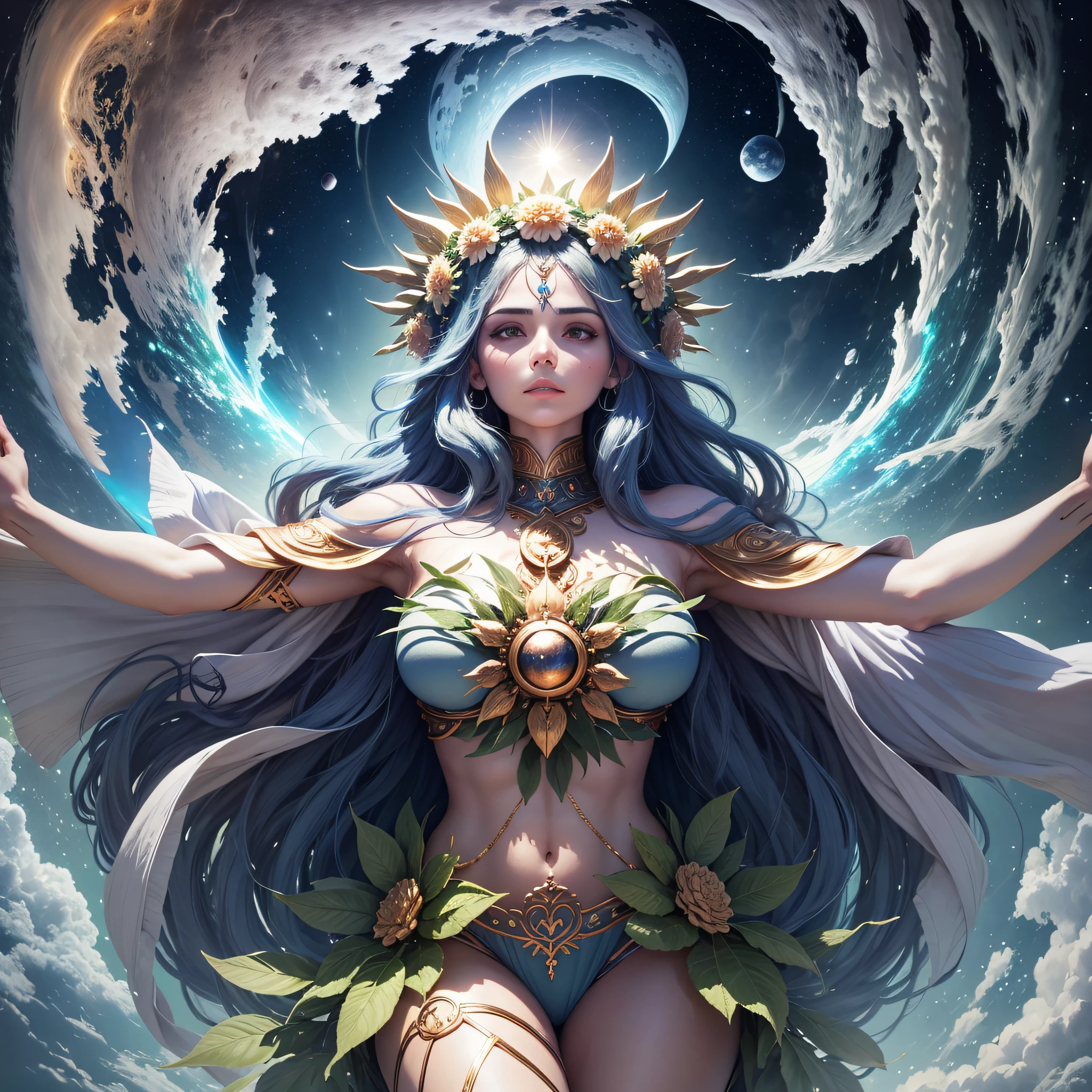 A powerful image of Gaia, the primordial goddess of Earth, holding the planet in her hands as she raises her arms to the sky, demonstrating her strength and control over the world.
