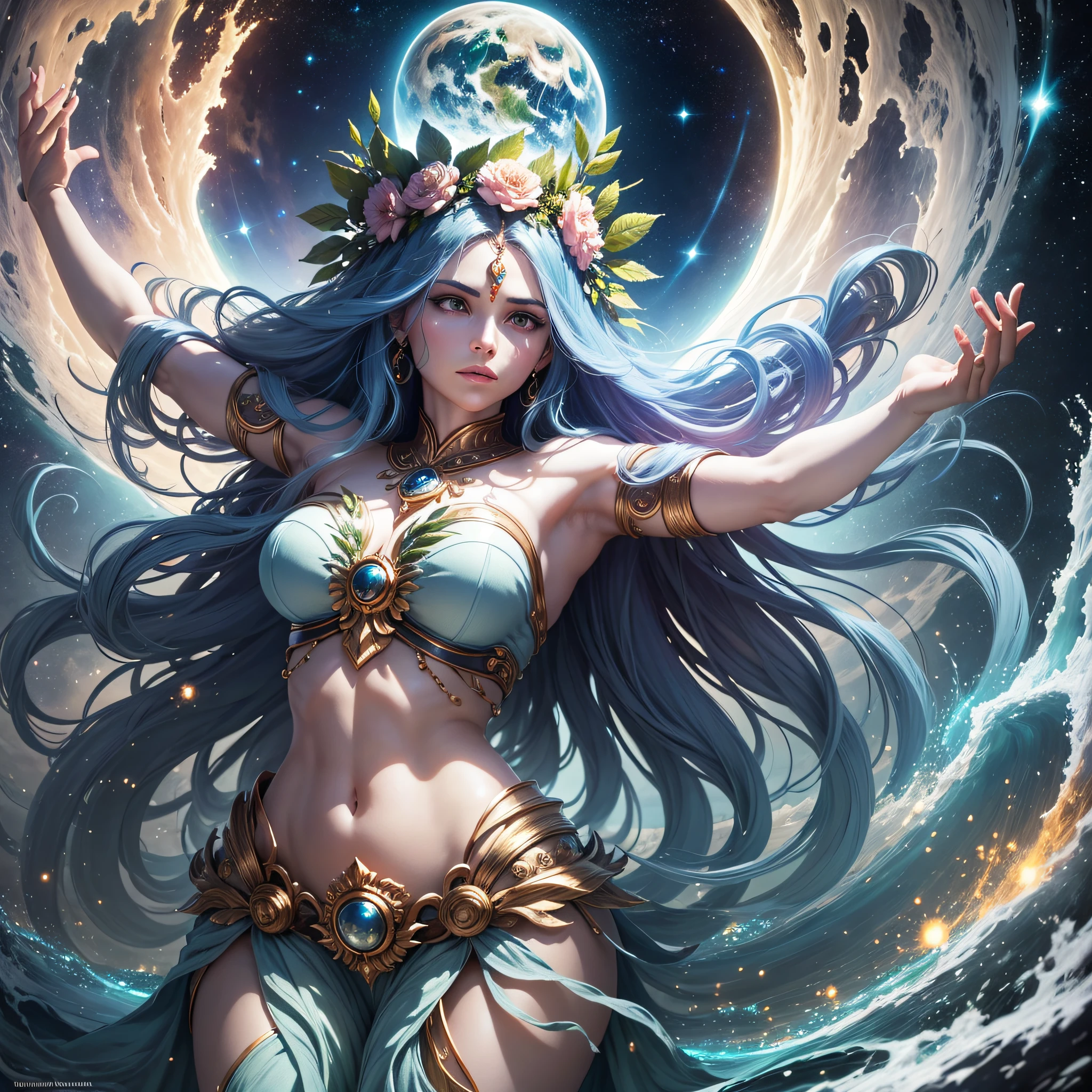 A powerful image of Gaia, the primordial goddess of Earth, holding the planet in her hands as she raises her arms to the sky, demonstrating her strength and control over the world.