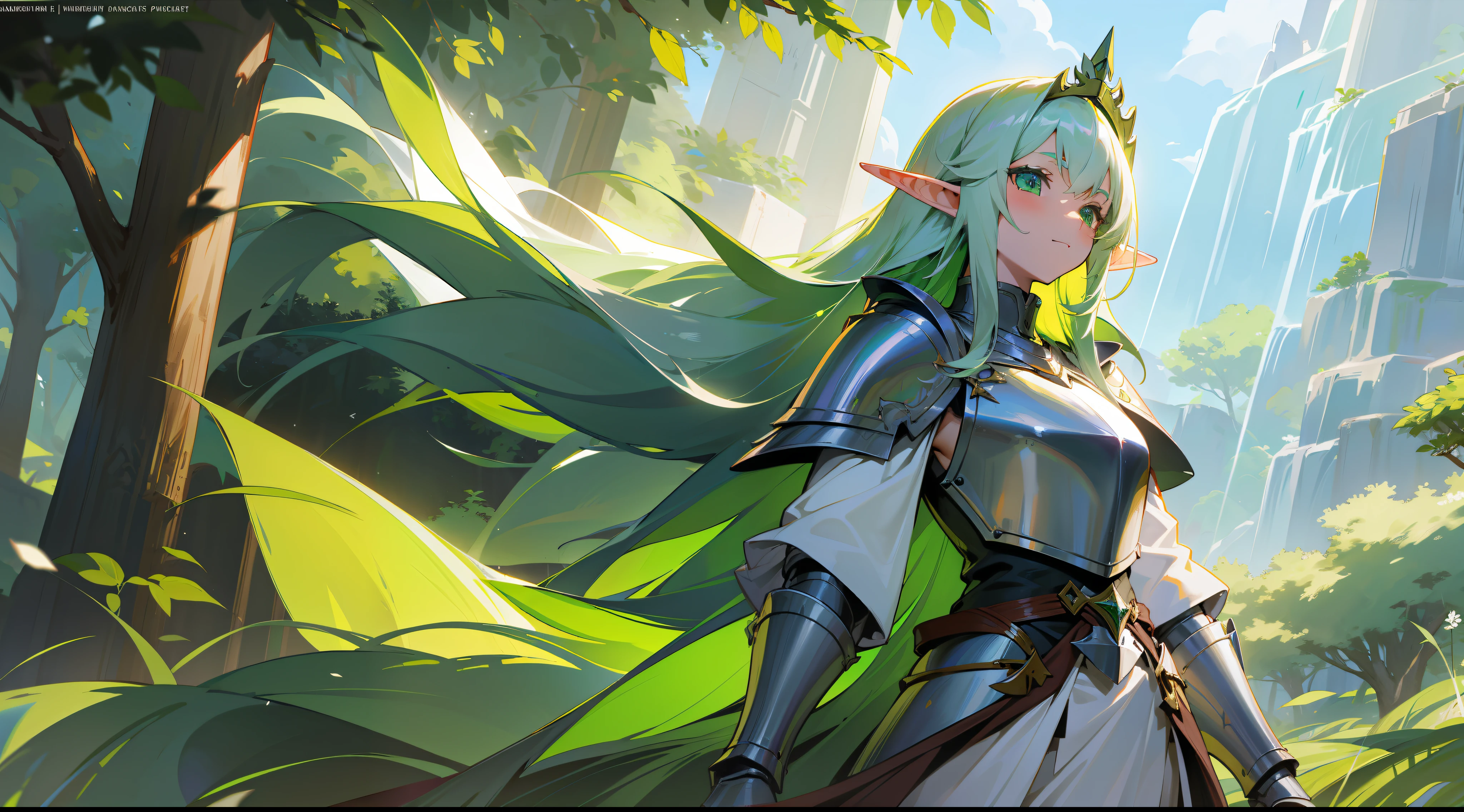 elf, long straight green hair, green eyes, paladin, silver armor, white robe, fantasy, medieval, sunbeams, brightness