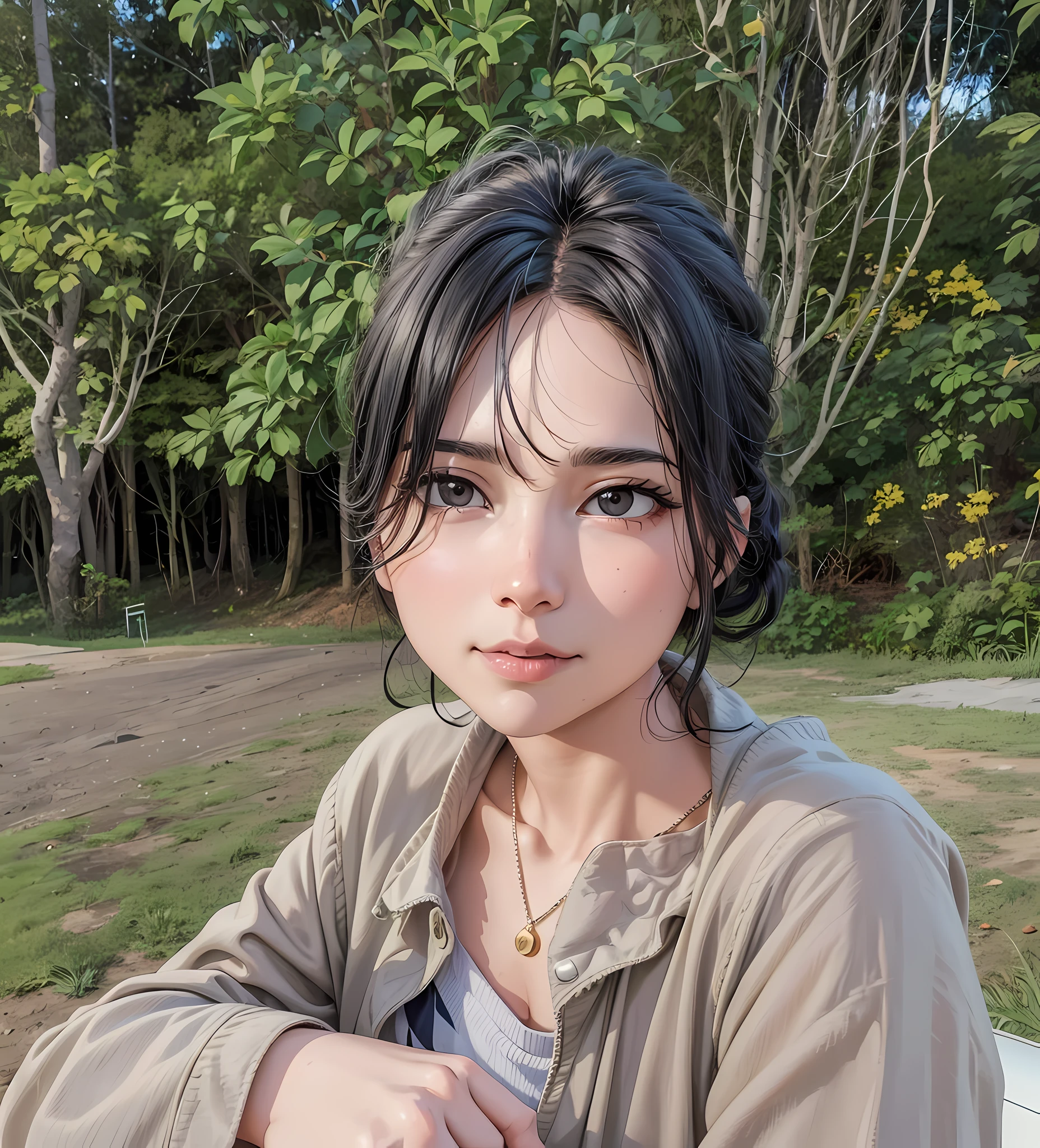 (8k, RAW photo, best quality, masterpiece: 1.2), (anime: 1.37), (best quality), super high resolution, extremely detailed CG Unity 8k wallpaper, physically based rendering, cinematic lighting, she has black hair, bangs, (black eyes: 1.6), smile, (closed mouth: 1.5), looking at the observer, (clear fingers: 1.4), background anime style woods