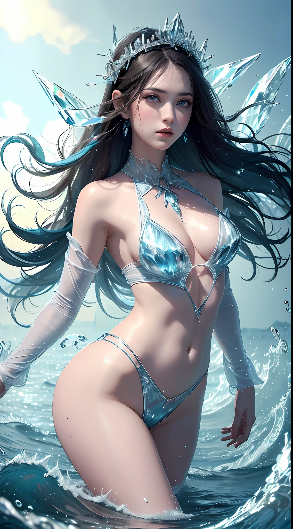 (Masterpiece, Top Quality, Best, Official Art, Beautiful and Aesthetic, Long Exposure: 1.2), Smooth Movement, Fascinating Patterns, 1 Girl, Adult Russian Woman, Freckles, Jade Eyes, Black Lob Hair, Portrait, Solo , upper body, gaze at observer, detailed background, detailed face, (crystallineAI, crystalline theme:1.1), elemental water sprite, spinning water, controlling water, fantasy magician clothes, dynamic pose, floating particles, ethereal dynamics, water , steam, ocean in the background, blue tones, coast, ethereal atmosphere,