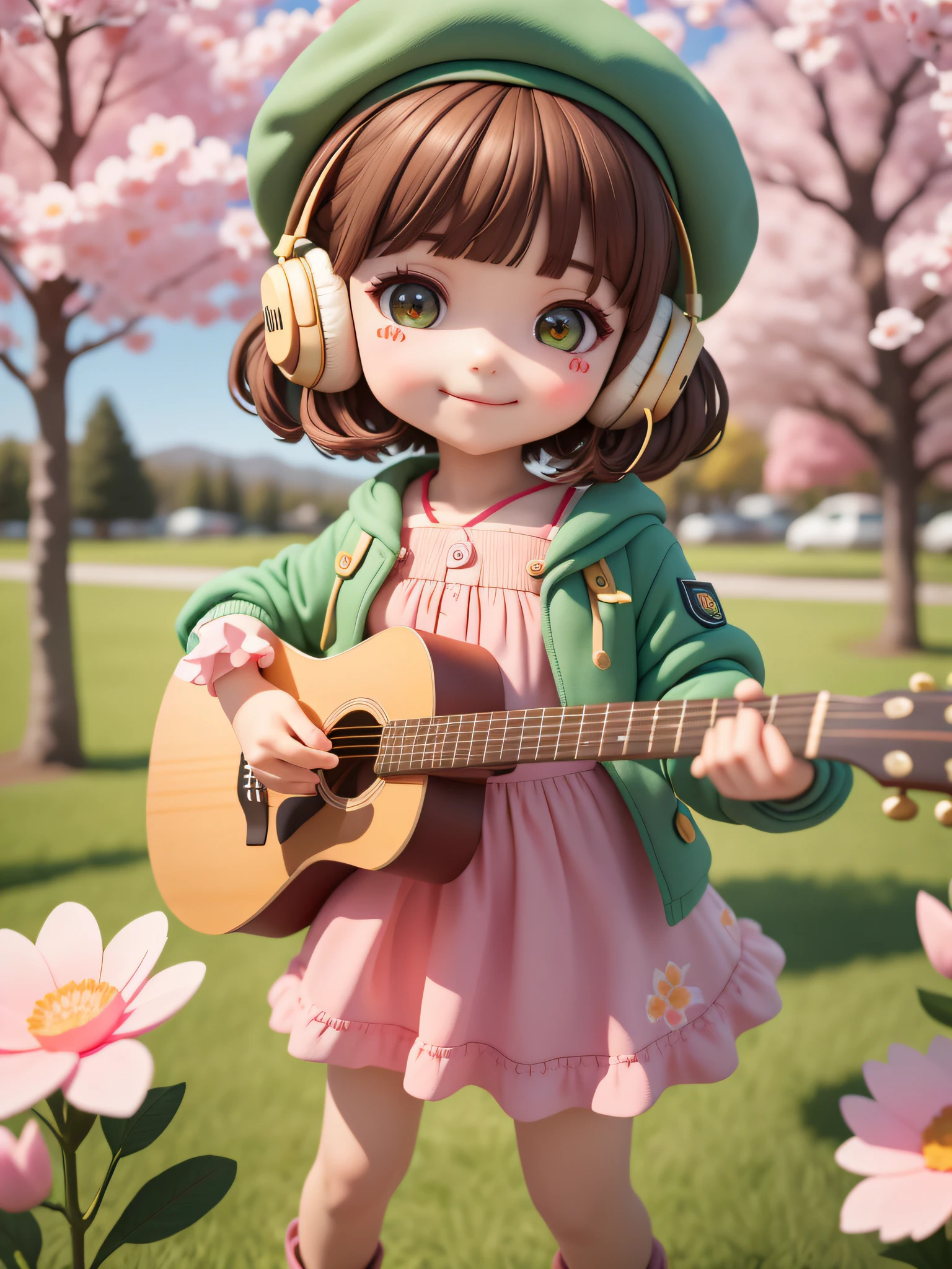 (masterpiece),(best quality),(ultra-detailed), (full body: 1.2), 1girl,chibi,cute, smile, closed mouth, flower, outdoors, playing guitar, music, beret, holding guitar, jacket, blush, tree, :3, shirt, short hair, cherry blossoms, green headwear, blurry, brown hair, blush stickers, long sleeves, bangs, headphones, black hair, pink flower, (beautiful and detailed face), (beautiful detailed eyes),