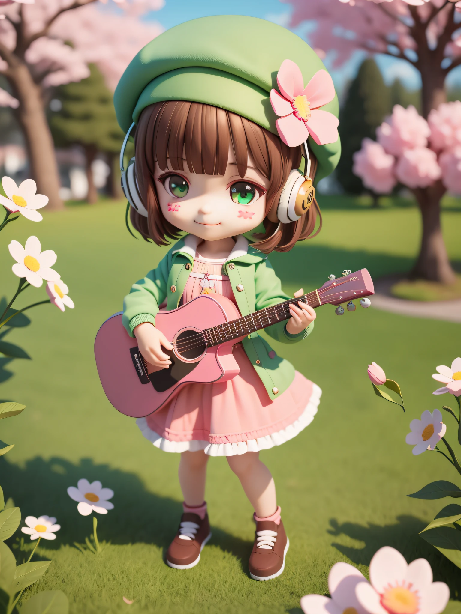 (masterpiece),(best quality),(ultra-detailed), (full body: 1.2), 1girl,chibi,cute, smile, closed mouth, flower, outdoors, playing guitar, music, beret, holding guitar, jacket, blush, tree, :3, shirt, short hair, cherry blossoms, green headwear, blurry, brown hair, blush stickers, long sleeves, bangs, headphones, black hair, pink flower, (beautiful and detailed face), (beautiful detailed eyes),