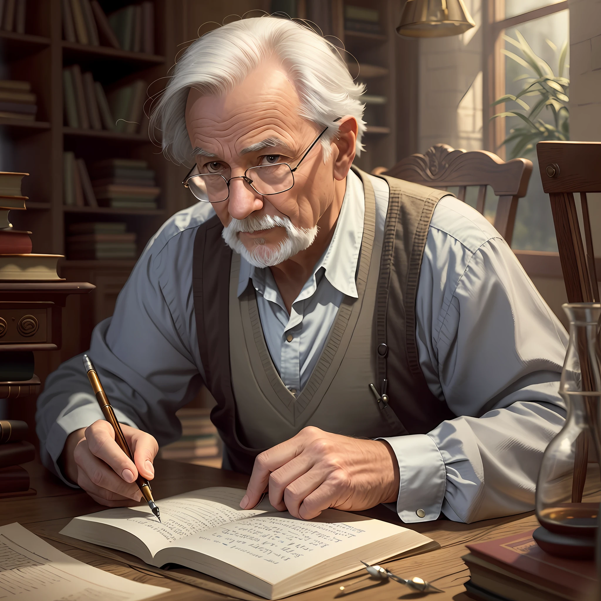 older man sitting at a table writing in a book, rpg book portrait, by Ludwik Konarzewski Jr, by László Balogh, 3d render senior artist, by Daniel Ljunggren, by Alexander Kucharsky, by Johfra Bosschart, by Kerembeyit, by Ludwik Konarzewski