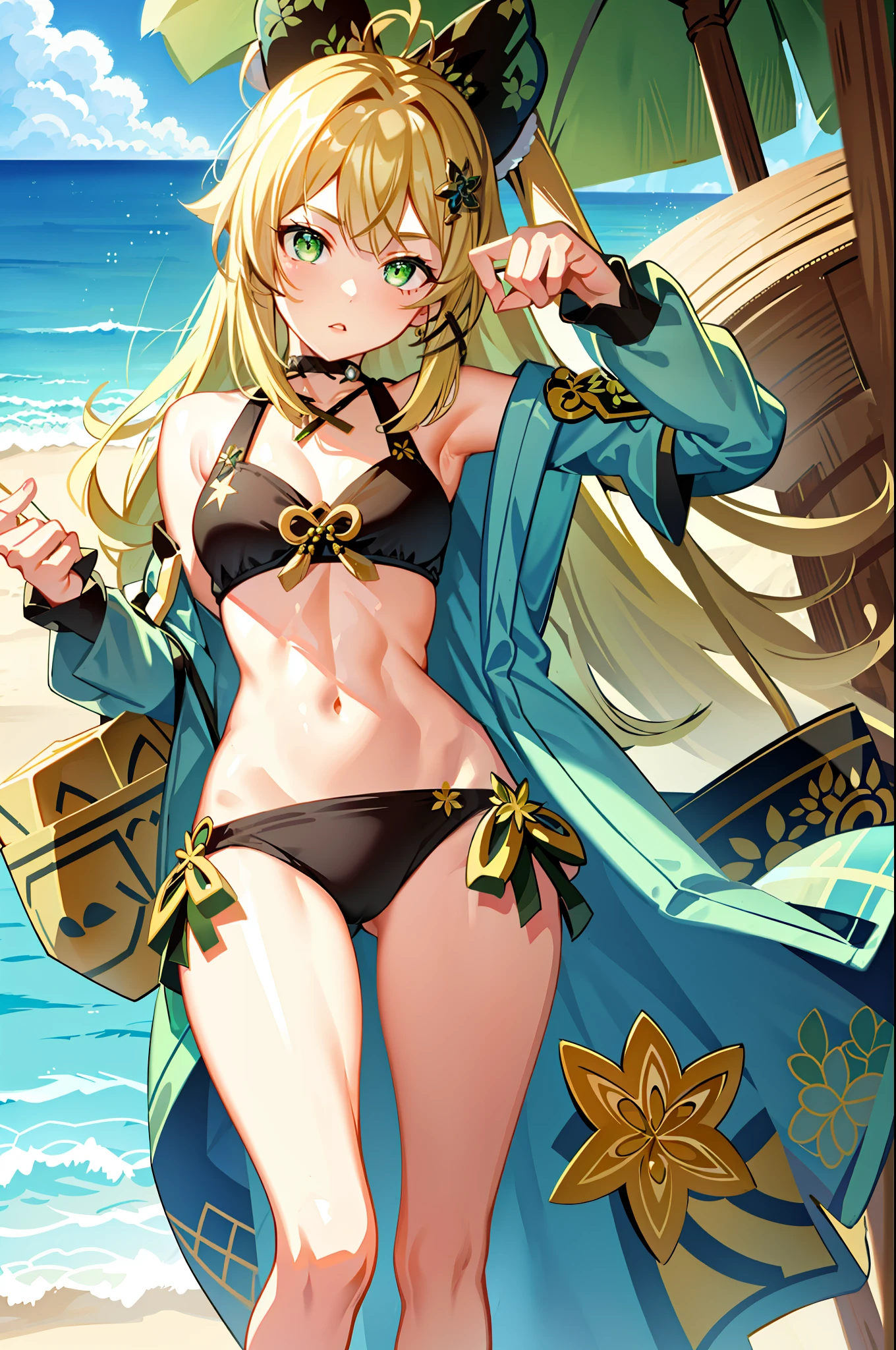 1girl, beautiful, green eyes, blonde hair 1girl, green eyes, ahoge, hair ornament, bikini, beach