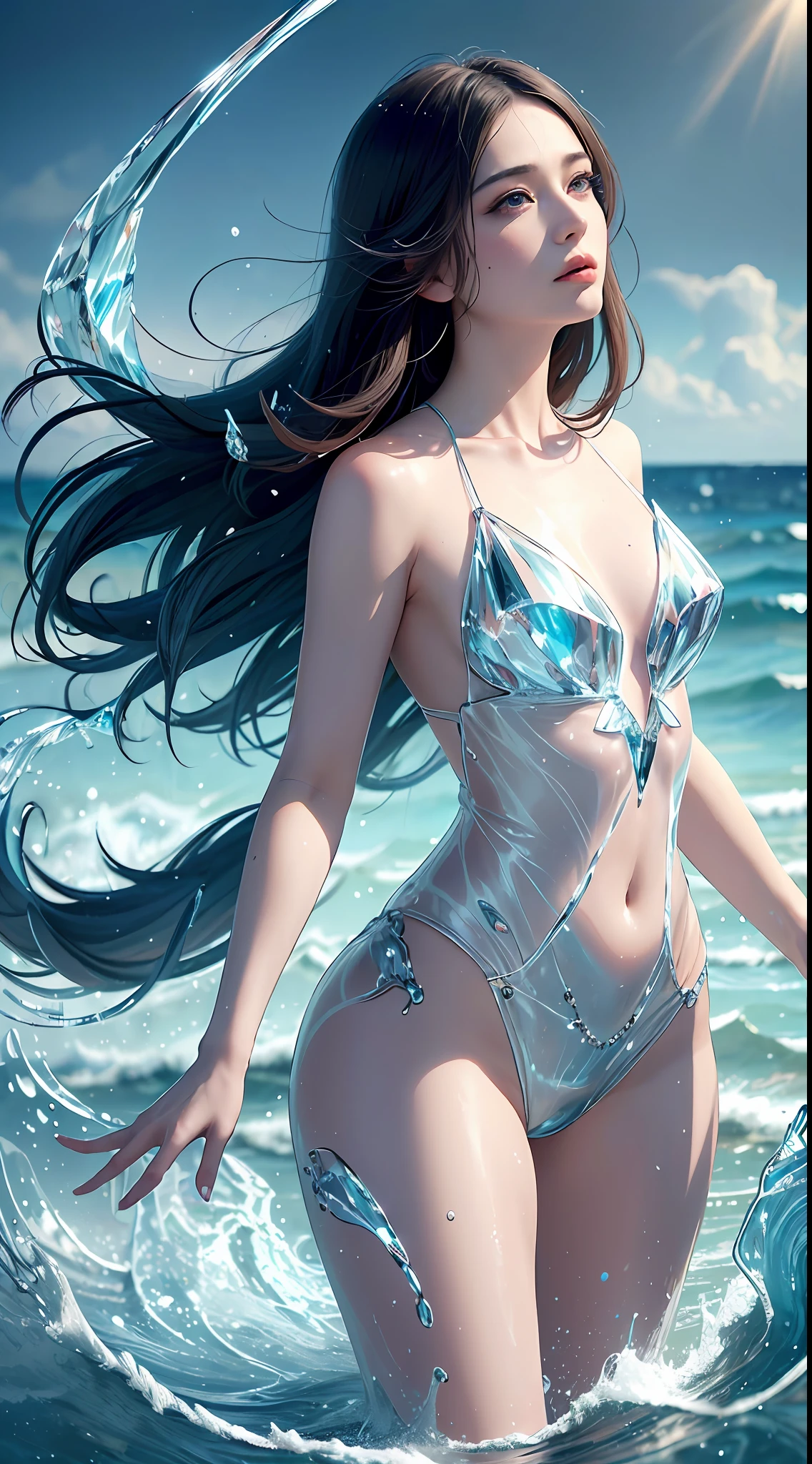 (Masterpiece, Top Quality, Best, Official Art, Beautiful and Aesthetic, Long Exposure: 1.2), Smooth Movement, Fascinating Patterns, 1 Girl, Adult Russian Woman, Freckles, Jade Eyes, Black Lob Hair, Portrait, Solo , upper body, gaze at observer, detailed background, detailed face, (crystallineAI, crystalline theme:1.1), elemental water sprite, spinning water, controlling water, fantasy magician clothes, dynamic pose, floating particles, ethereal dynamics, water , steam, ocean in the background, blue tones, coast, ethereal atmosphere,