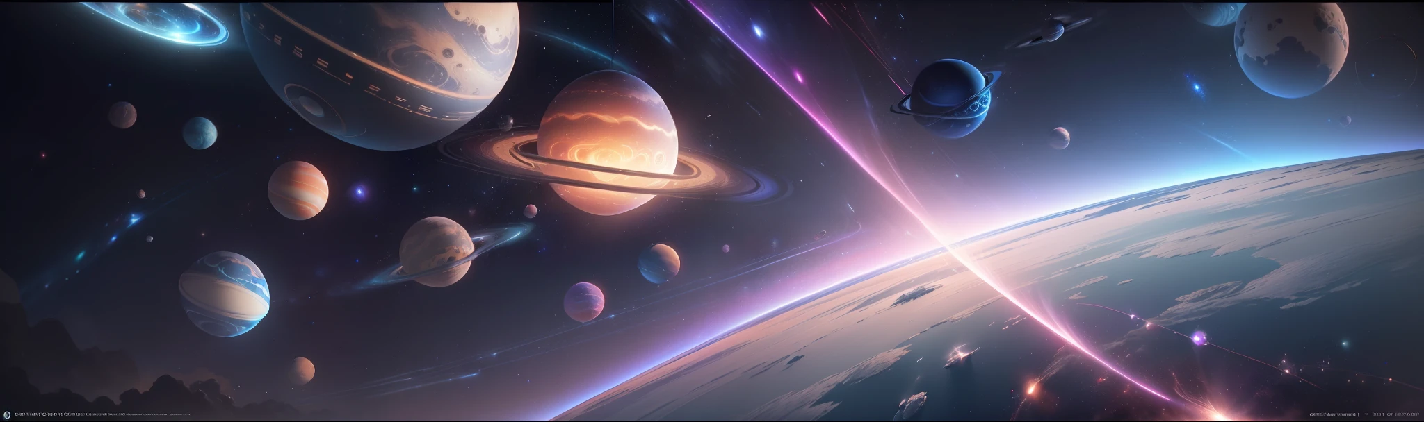 (extremely detailed CG unity 8k wallpaper, masterpiece, best quality, ultra-detailed), (best illumination, best shadow, an extremely delicate and beautiful), outer space, futuristic, advanced technology, deep black background, vibrant neon, planetary system, stunning starfield, cosmic sound waves, glowing musical notes. (galaxy:1.3+planets:1.2+music:1.1)