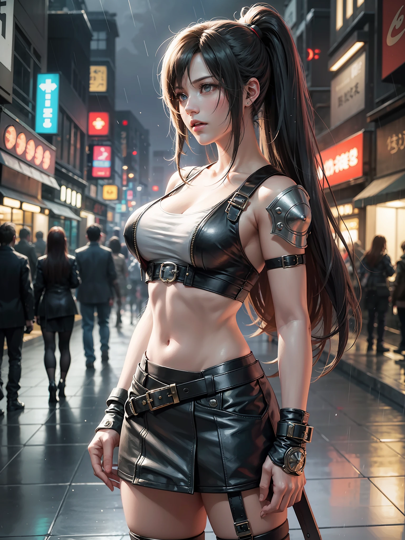 a beautiful, tifa and aerith, ffvii remake, realistic, ultra detailed, on japanese street, a lot of people, raining, dramatic lighting, cinematic photography, professional photography, hyperrealistic, luxury, --auto --s2