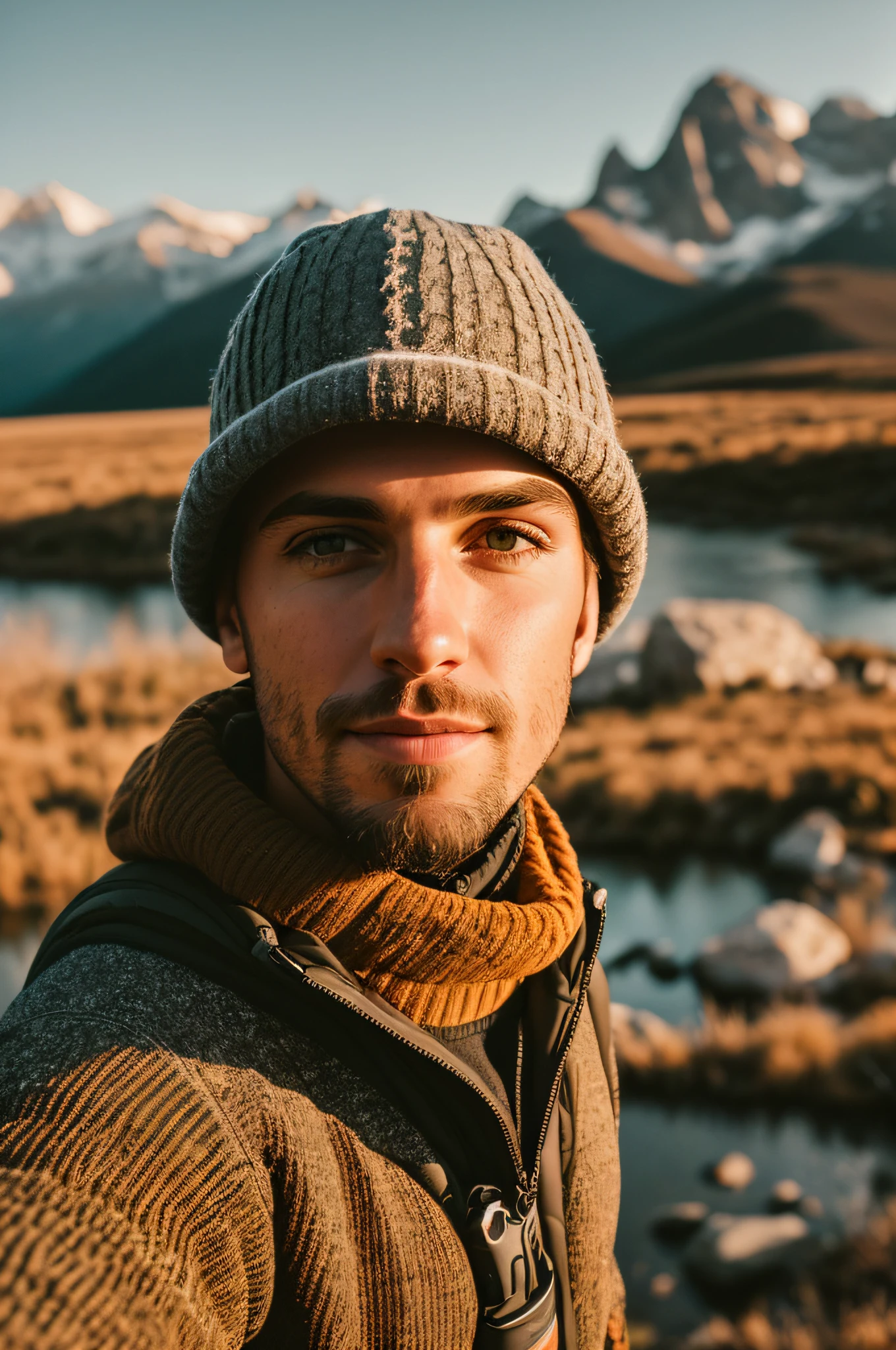 1 man ((upper body selfie, happy)), masterpiece, best quality, ultra-detailed, solo, outdoor, (night), mountains, nature, (stars, moon) cheerful, happy, backpack, sleeping bag, camping stove, water bottle, mountain boots, gloves, sweater, hat, lantern, forest, rocks, river, wood, smoke, shadows, contrast, clear sky, style (look at the viewer: 1.2) (skin texture) (film grain: 1.3), (warm tone, warm tone): 1.2), close up, cinematic light, side lighting, ultra high res, best shade, RAW, upper body, using pullover