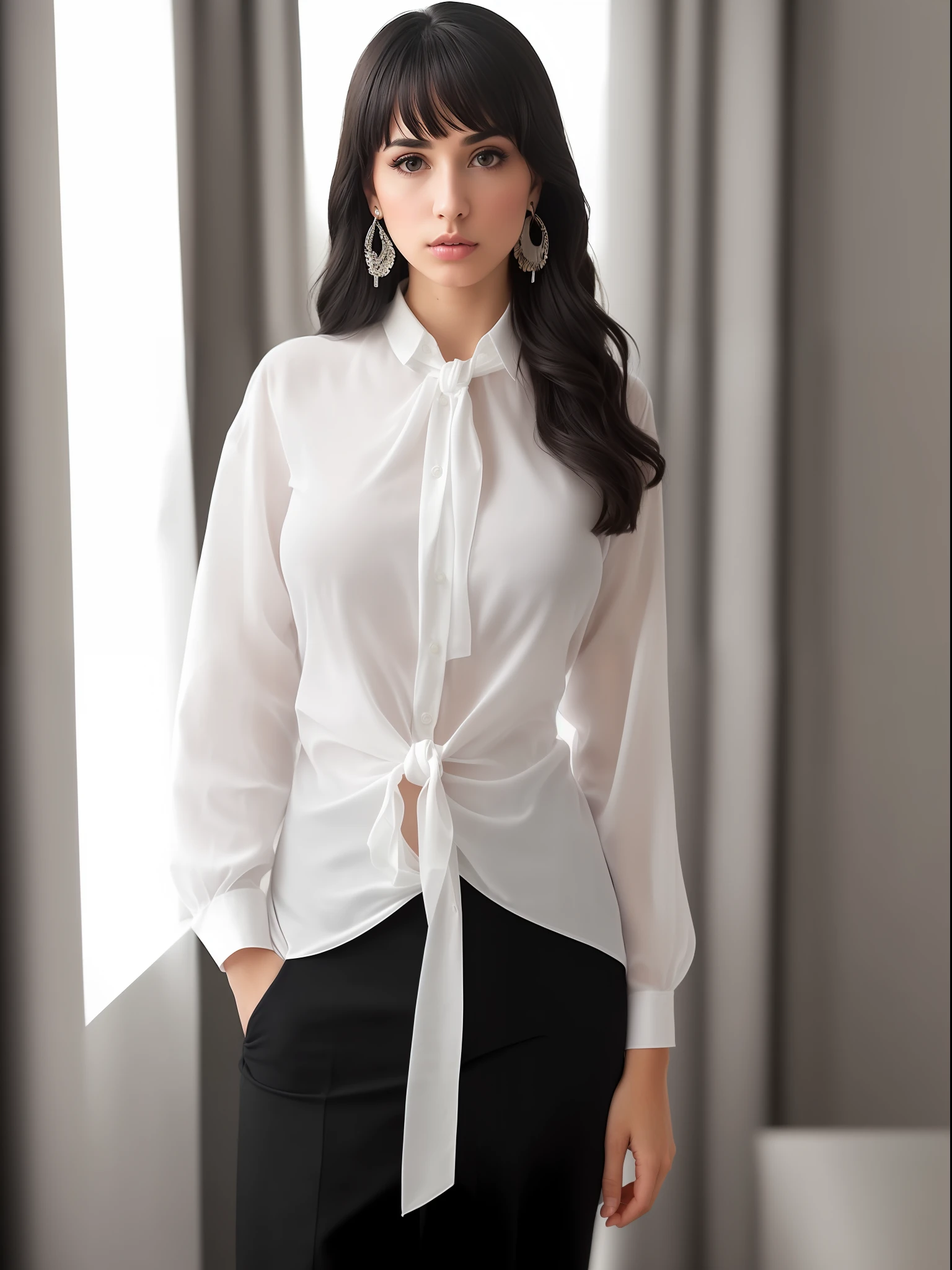 photorealistic,fullbody shot,cinematic shot, studio lighting, shot Phase One, ISO 100, natural lighting , sharpen , lightroom, fine art photography, hyperdetailed, highly detailed, 8 k, sharp details on face, 1girl, black_hair, breasts, cleavage, curtains, earrings, front-tie_top, jewelry, large_breasts, lips, looking_at_viewer, shirt, solo, tied_shirt, upper_body, transparent white_shirt