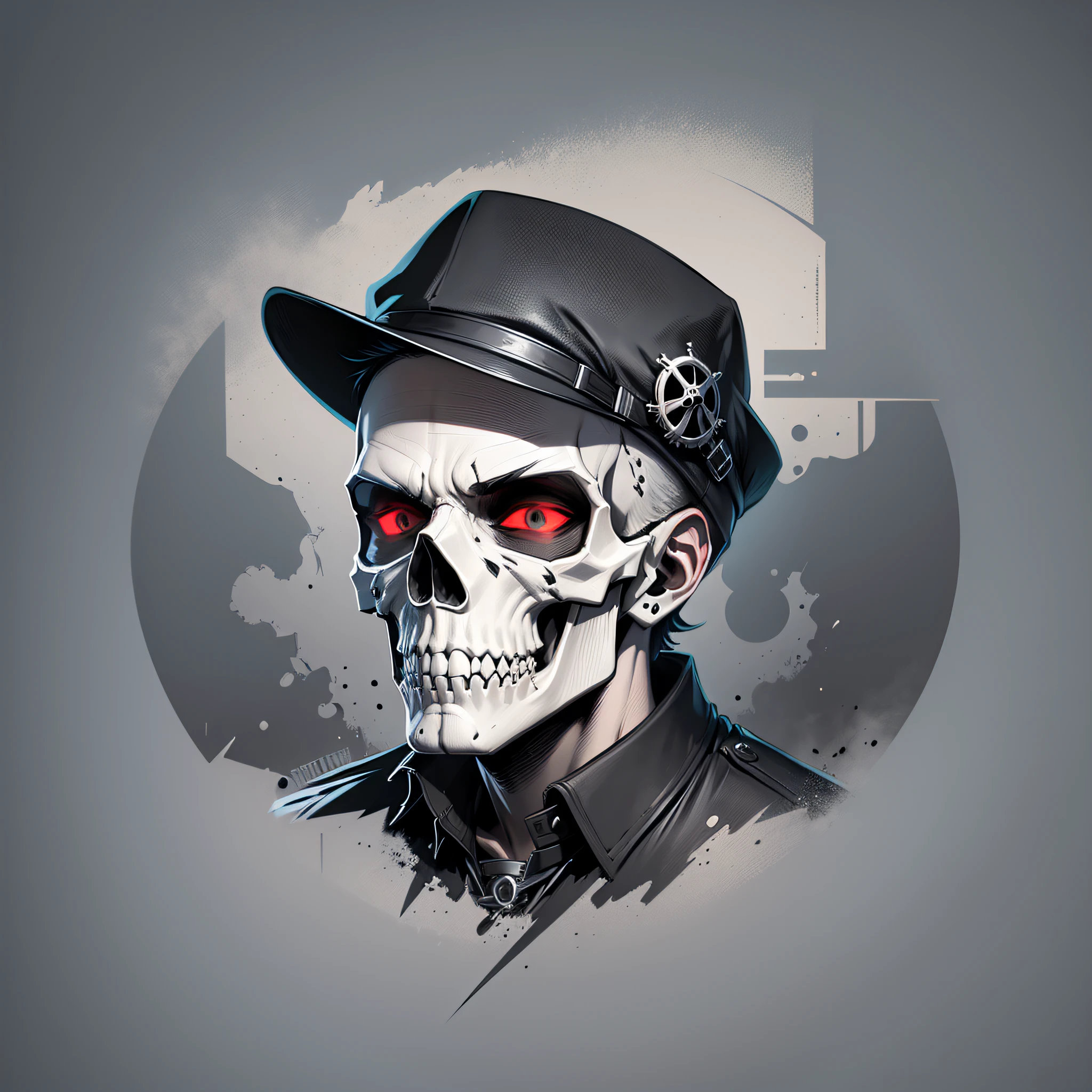 anarchist skull, revolver bullet teeth, vector image, t-shirt design, isolated, black background, illustration limited to 4 colors, black background --auto --s2