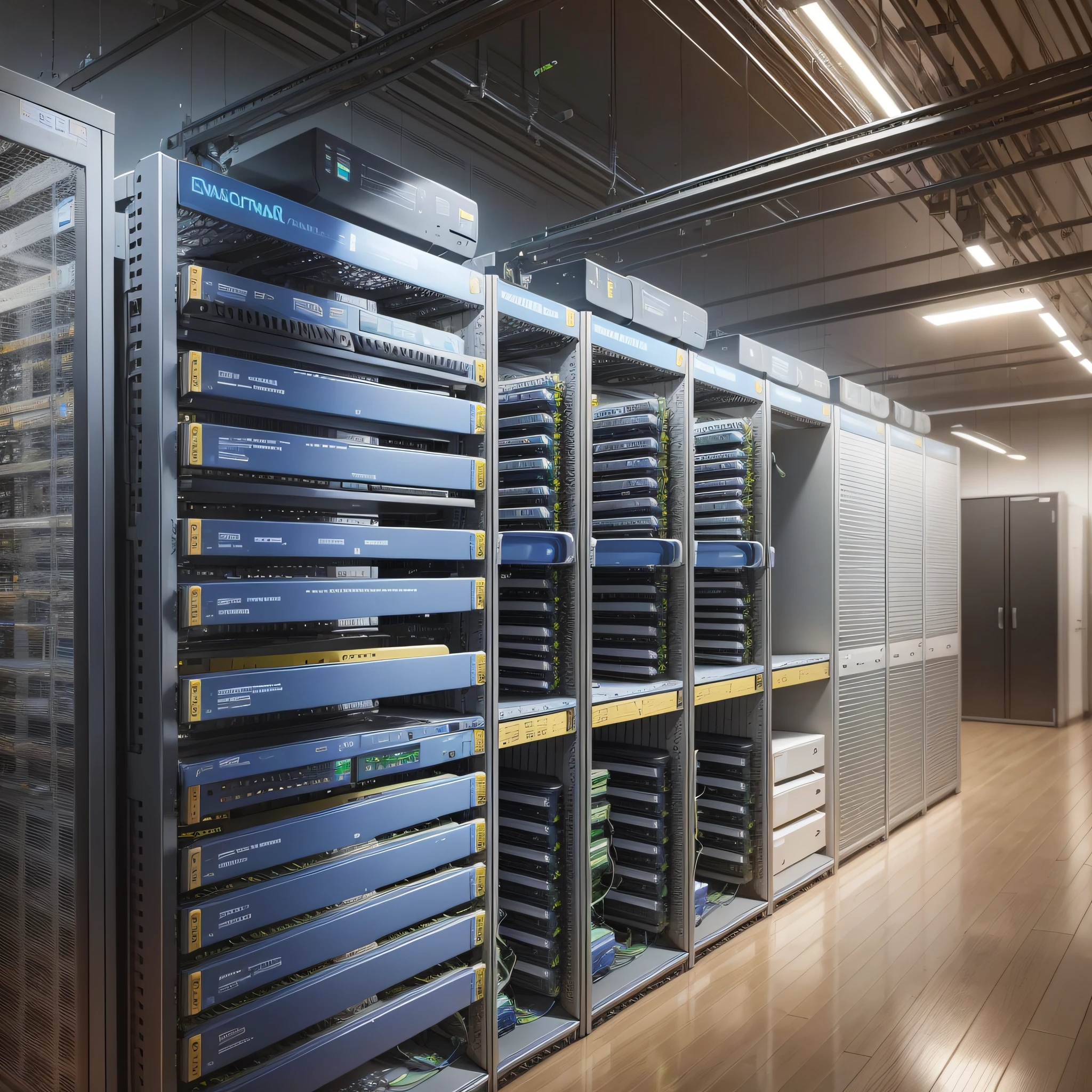 There are many server shelves in a large room, in Realistic data center, Data Center extraordinarily detailed, background is data server room, Data center, in Detailed data center, Rhythm in the server room, datacenter, in Data center, cloud server, Servers, standing in a server room, 3D room photography iOS, shelf,  server