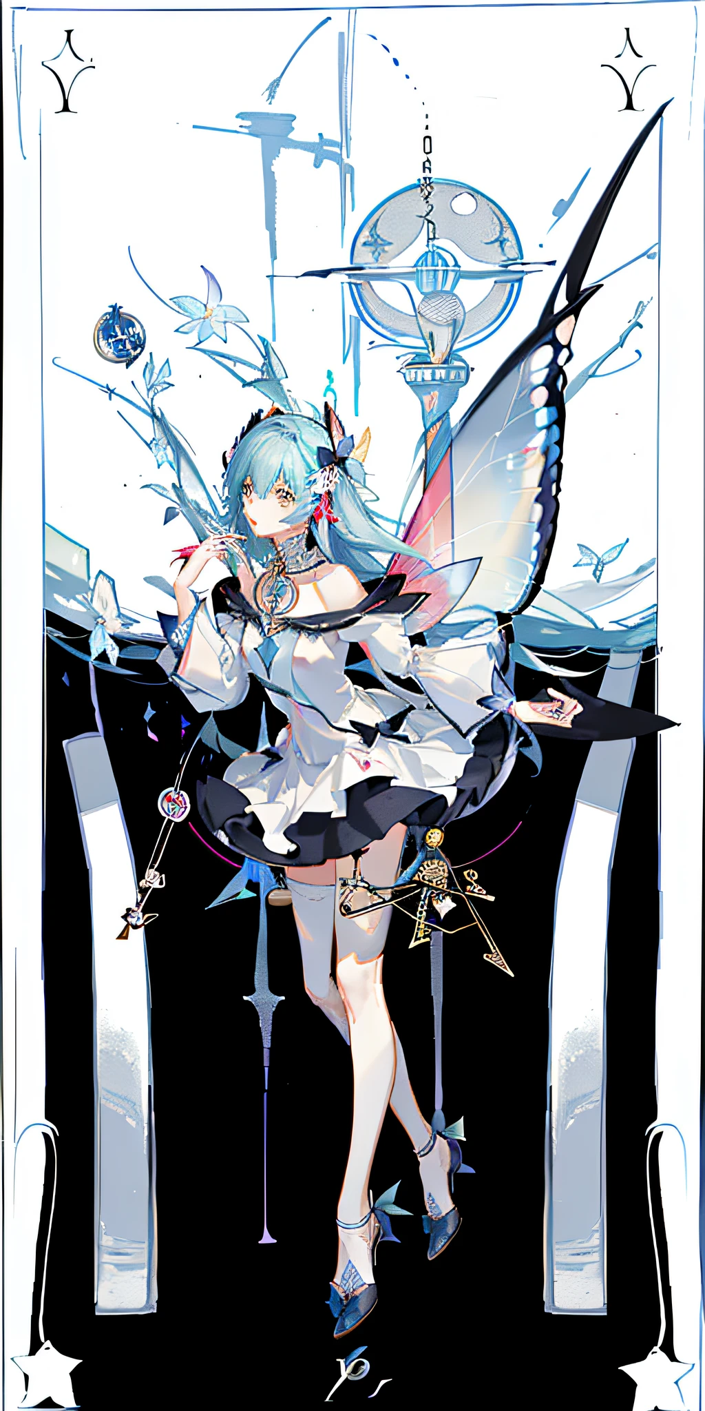 (Golden Ratio: 1.2), (Rose Graffiti: 1.2), (Glitch Color: 1.3), [(White Background: 1.4)::10], (Whole Body: 1.2), (Super Fine: 1.3), (Tarot :1.6),(Magician (Tarot):1.6),(Paper:1.2),(Fairy:1.6),(Fairy Wings:1.2),Full Body, Hanging,(Cool:1.2),(Red Long Hair ),(butterfly hair accessory),(flower hair accessory: 1.0),((sandals,Locket)),(colored cocktail dress: 1.0)+(loose-sleeve jacket: 1.3)+(fluttering colorful tassels and ribbons :1.2 ),(white stockings: 1.2),(colored ink paper flowers: 1.2),(colorful flower sea: 1.3),(chaotic geometry: 1.3),(negative space: 0.8),(drawing board: 1.3 ), (Ether Color ink flow: 1.3)