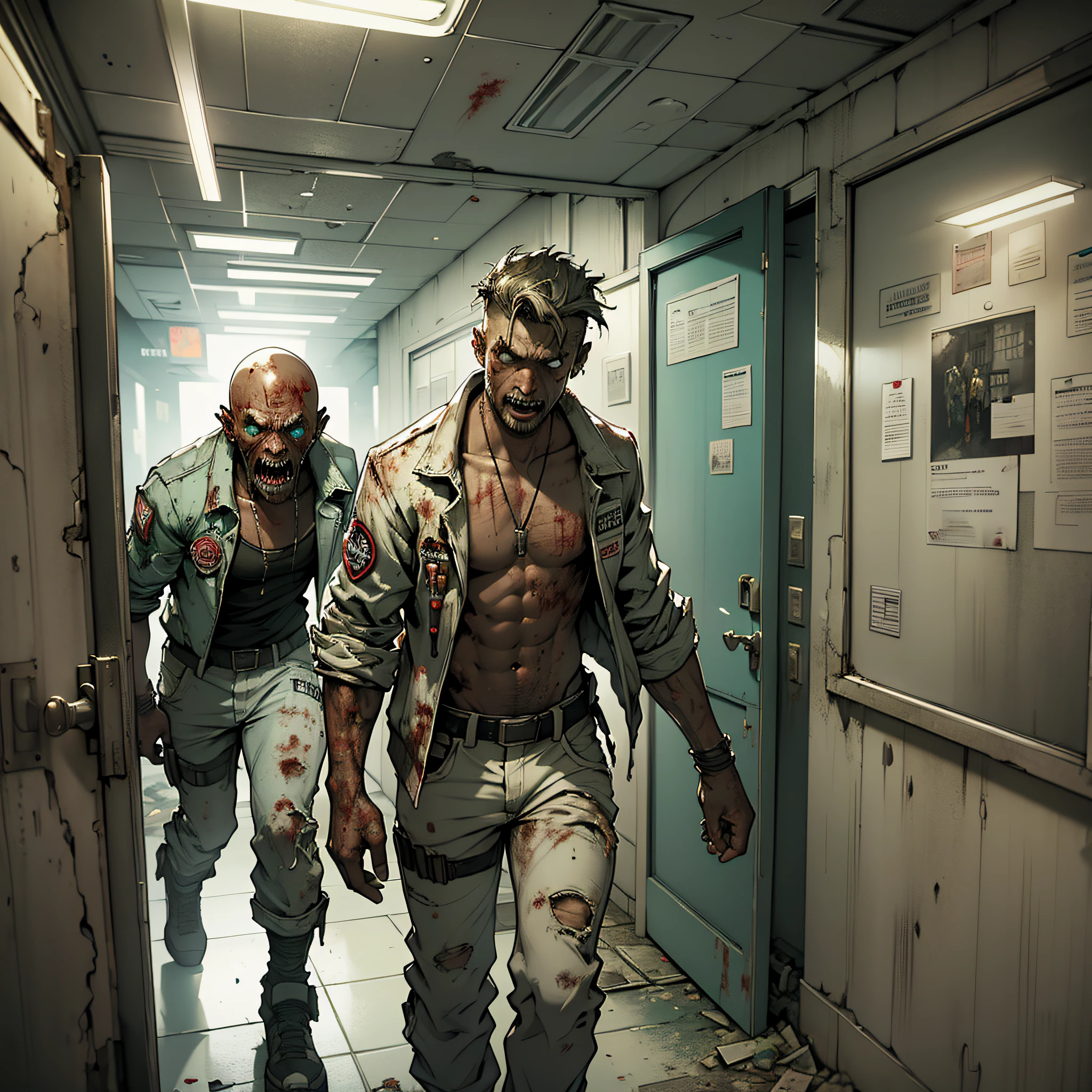 Best Quality, Masterpiece, Ultra High Resolution, Pharmacy Background, 2 Zombies, Zombies in White Coats, Locked Up in Dilapidated Pharmacy Door, Indoors, Doom, Wasteland Punk, Teeth Dancing, Sprint Run, Doom, Biochemical Infection, Dirty and Messy, Shabby