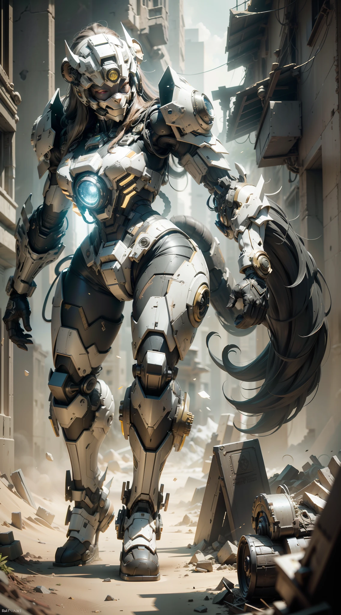 ((Best Quality)), ((Masterpiece)), (Very Detailed:1.3), 3D, Shitu-mecha, Full body, 1 beautiful woman, smiling, long hair, mech in black and white color, ((Monkey-shaped mask)), ruins of a city in the forgotten war, ancient technology, HDR (High Dynamic Range), ray tracing, NVIDIA RTX, Super Resolution, Unreal 5, Subsurface scattering, PBR texture, Post processing, Anisotropic filtering, Depth of field, Maximum sharpness and acutance, multi-layer textures, albedo and specular maps, surface shading, accurate simulation of light-material interactions, perfect proportions, octane rendering, duotone lighting, low ISO, white balance, rule of thirds, wide aperture, 8K RAW, high efficiency sub-pixels, subpixel convolution, luminous particles, light scattering, Tyndall effect
