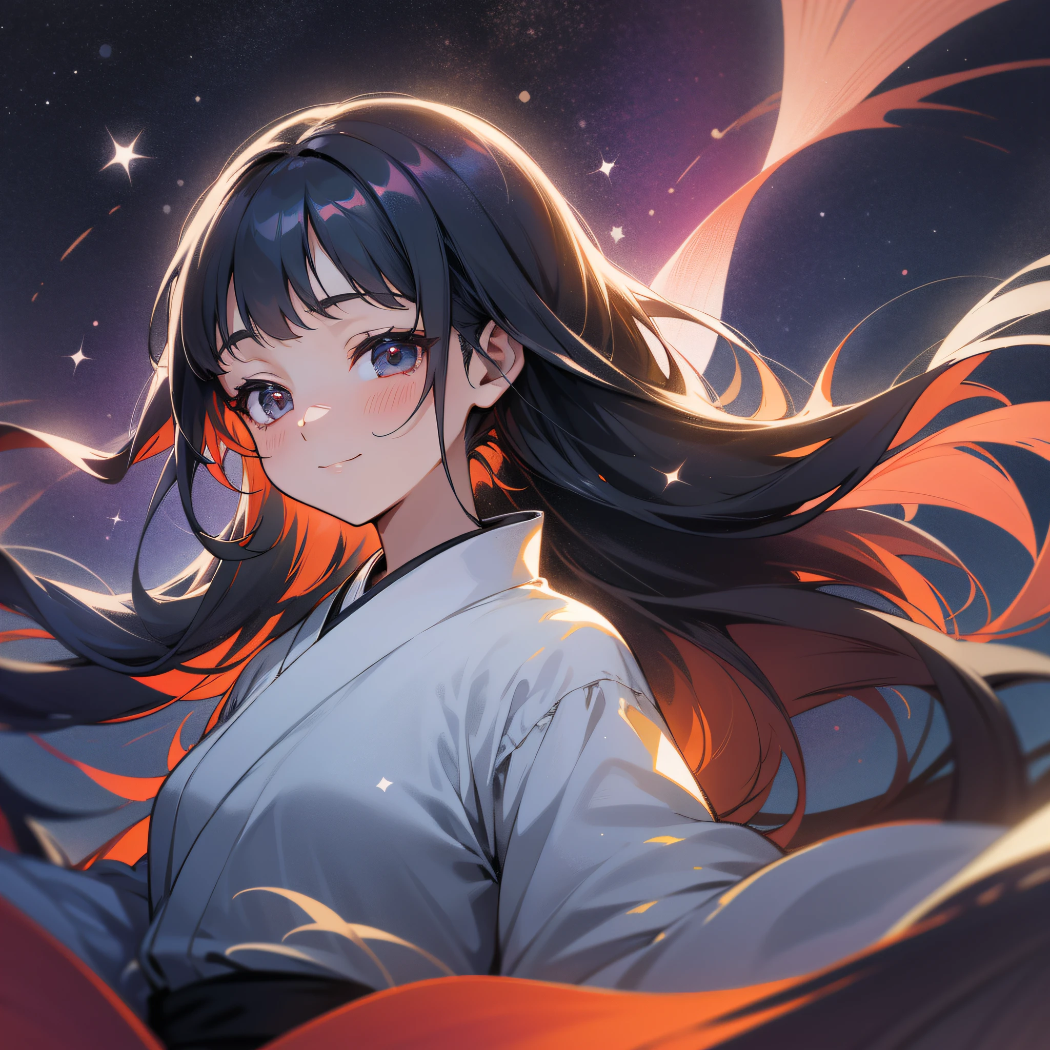 The background is a night sky with the moon shining, the stars twinkling and the light of the moon silently illuminating everything. The sight is mysterious, evokes a feeling of deep tranquility and peace.

In the foreground, a smiling apparition of a small night is depicted. She is a young woman, wearing that bright floral kimono with her long black hair swaying in the wind. Her expression is gentle, full of a certain relief and happiness.

The apparition of the little night is transparent and shines as if it was made from the stars and moonlight. It symbolizes that she continues to be connected to this world and that her story will be told forever by the villagers of Gokayama.