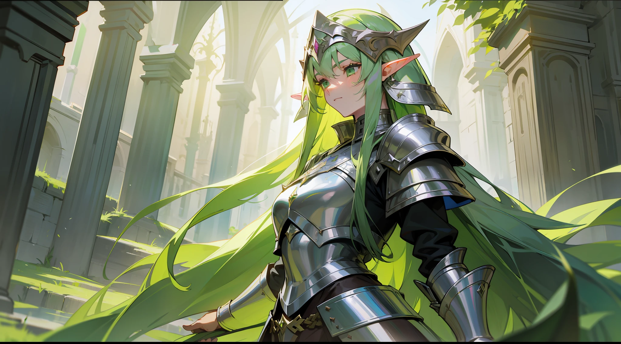 elf, long straight green hair, green eyes, paladin, silver armor, heroic pose, serene expression, fantasy, medieval, dungeon