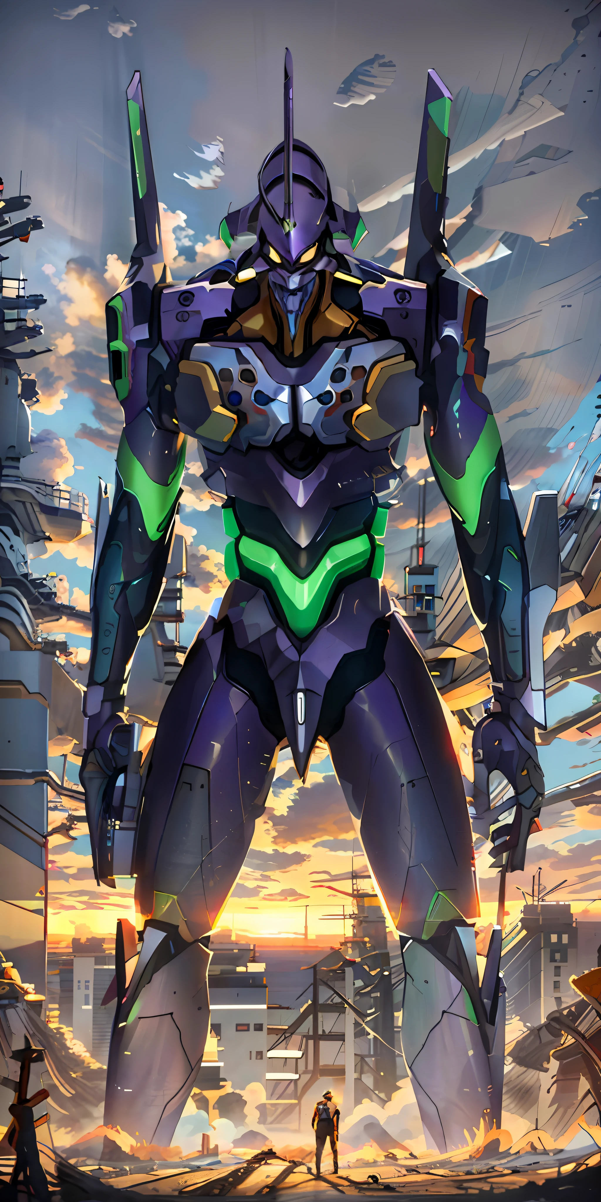 ((eva 01), evagod:1.1), evagenlion, Concept Design, sci-fic character design, SCIENCE FICTION, giant robot, advanced metal and Ceramic Mecha, Accurate EVA 01 head details, high-tech, huge android, (outdoors, sky, clouds), global illumination, rim light, octane rendering, ray tracing, 4k, Best quality, masterpiece, high res, highly detailed, scientific anatomy, carbon fiber, titanium alloy, hyperrealistic, anatomical, beautiful Tokyo-3 background, CG, unity, wallpaper, Futurism, epic sense, doomsday, sci-fi fighter, giant machinery, correct perspective