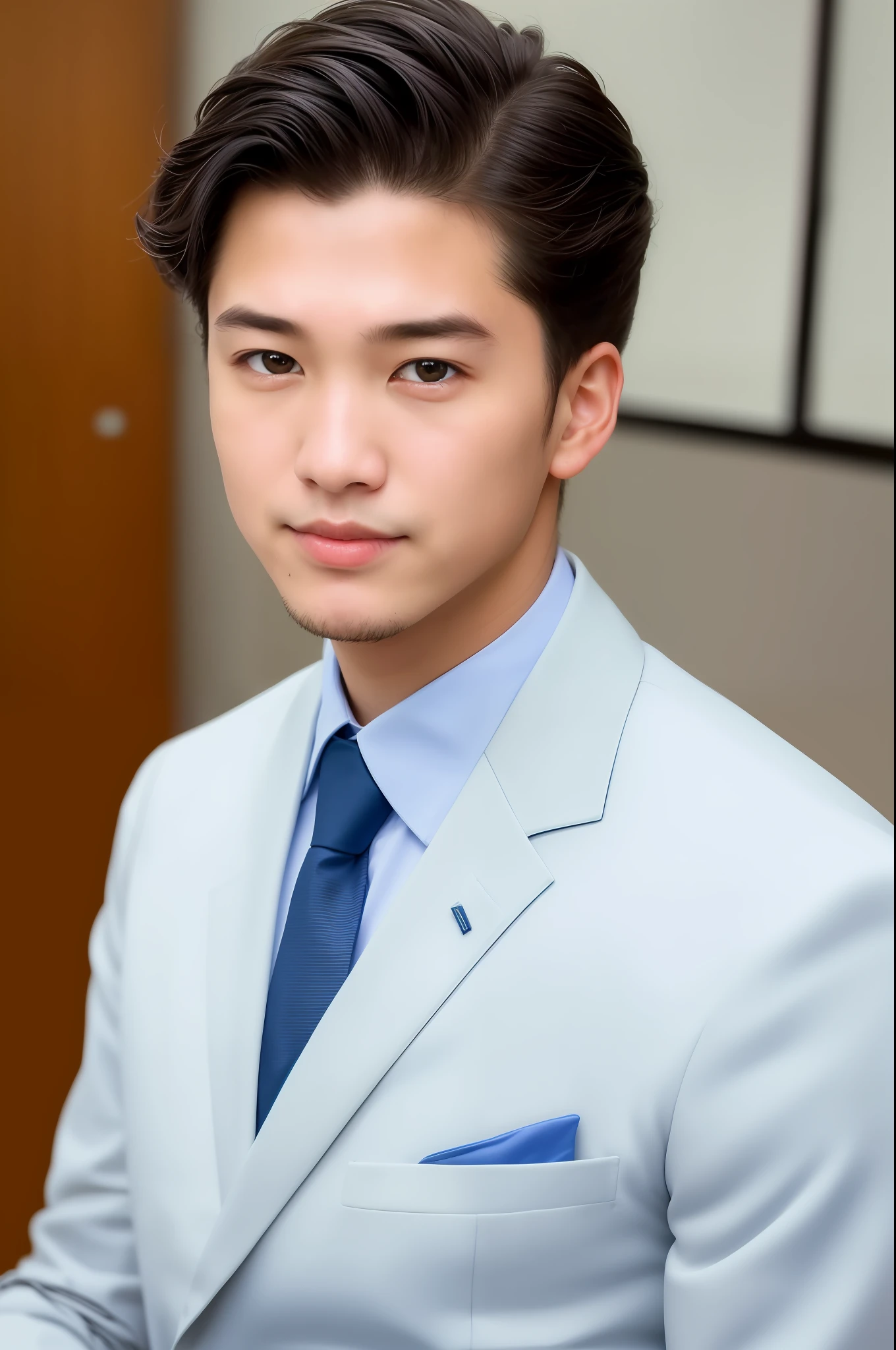 Little cool Japan man in a business suit, office, very detailed, 19 years old, innocent face, natural wave hair, blue eyes, high resolution, masterpiece, top quality, intricate details, very detailed, sharp focus, detail skin, realistic skin texture, texture, detailed eyes, professional, 4k, charming smile, eyes are large, necklace on the neck, shot in canon, 85mm, shallow depth of field, kodak vision color, perfectly fitting body, highly detailed, photot_, photorealistic, realistic, postworking, maximum detail, roughness, real life, hyperrealistic, photorealism, photography, 8k uhd, photography