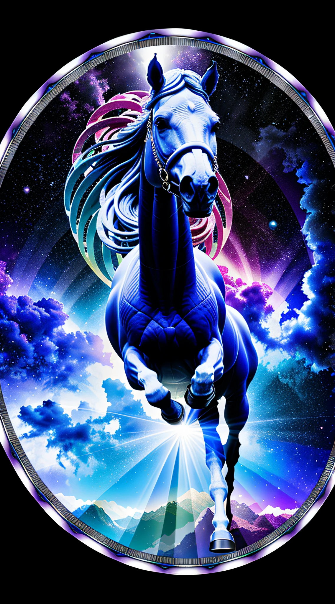 Ridiculous, ultra-detailed, uses the prism effect to create images and refract light, creating a colorful and kaleidoscope look. Create images with fisheye effect and capture a wide field of view with a clear and curved perspective. Capture the horse with an impressive Greek sculpture-style representation and convey tranquility and natural beauty, with beautiful nebulae in baby blue and purple colors. , Depict a monochromatic world, convey depth, emotion and stunning visual impact.