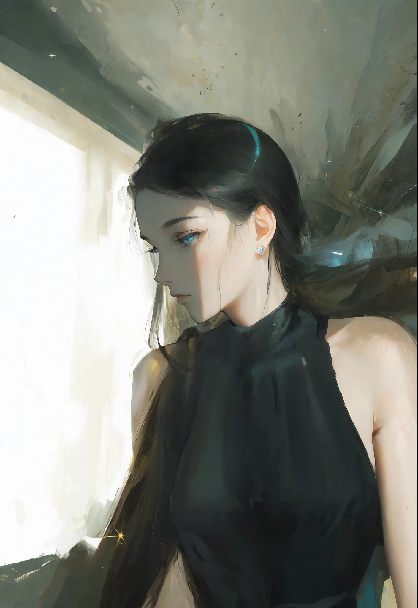 ((Masterpiece, Superb, Super Detailed, High Resolution)), solo, beautiful girl, sparkling eyes, perfect eyes, 15 years old, black and white gold theme,