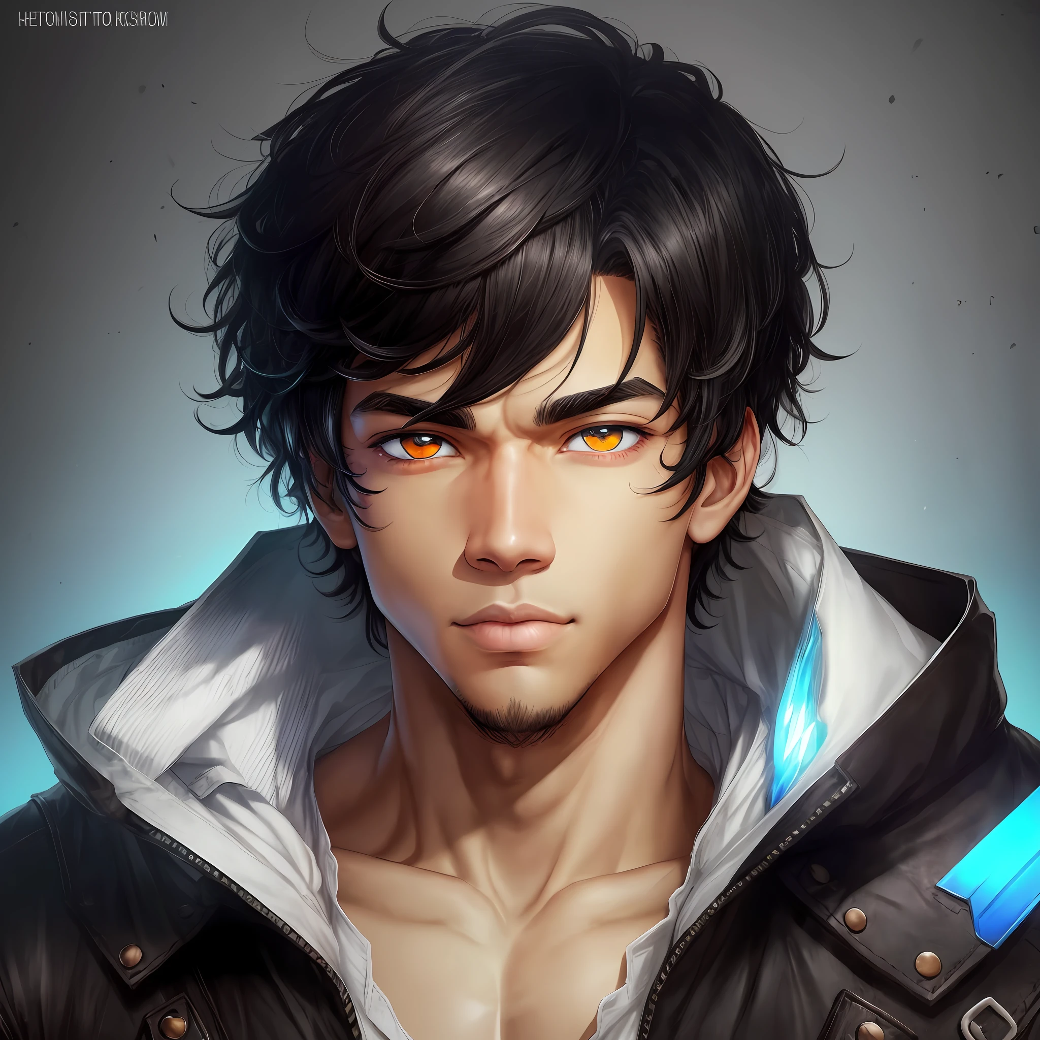 Light skin with medium black hair, heterochromia, no beard in face, his left eye is orange and his right eye is green