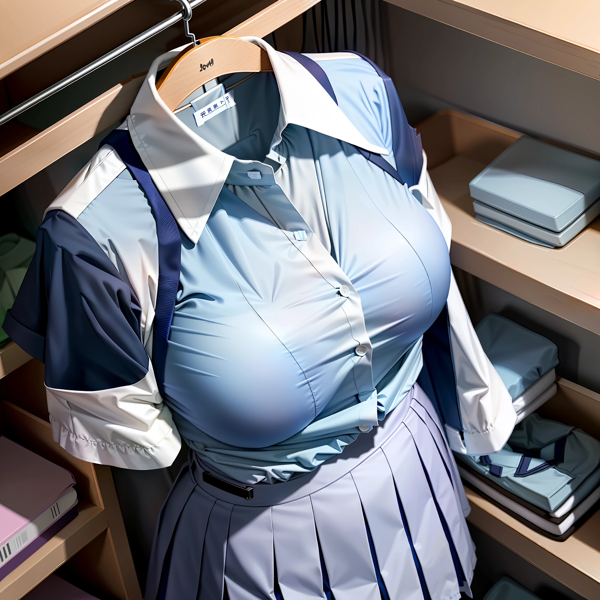 hanger school uniforms in closet raise their sleeves as if invisible girl wear it, school uniforms swells as if possessed by invisible girls, school uniforms have huge breasts and cleavage, (((no humans))), (headless), faceless, invisible girls, from above, (hanger), short sleeves
