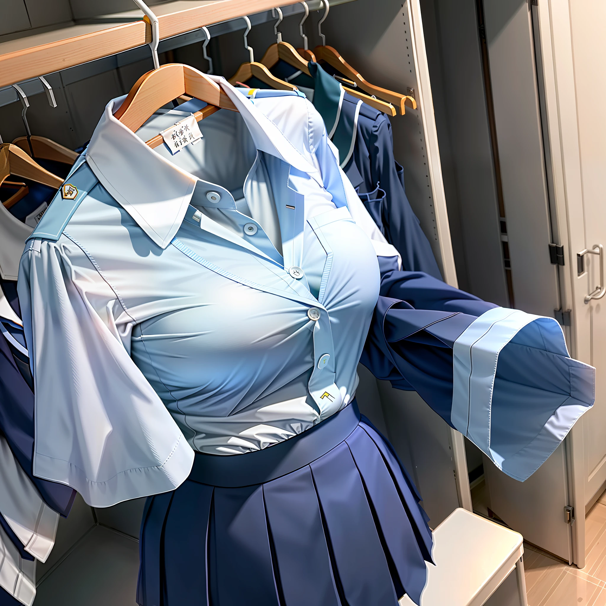 hanger school uniforms in closet raise their sleeves as if invisible girl wear it, school uniforms swells as if possessed by invisible girls, school uniforms have huge breasts and cleavage, (((no humans))), (headless), faceless, invisible girls, from above, (hanger), short sleeves