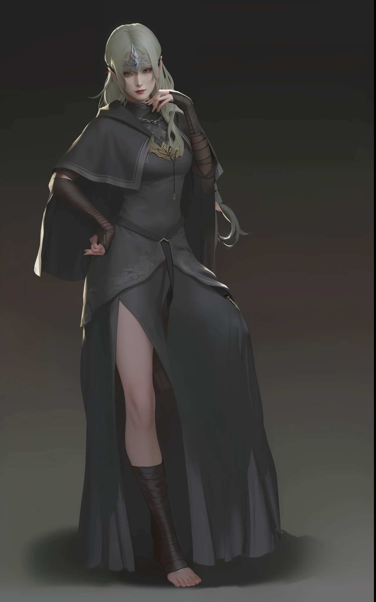 a woman in a black dress and a cape is standing, beautiful full body concept art, dark flowing robe, dark elf maiden, by Yang J, dark fantasy concept art, full body xianxia, dark witch character, dark fantasy character design, human :: sorceress, dark robe, by Chen Jiru, of an elden ring elf