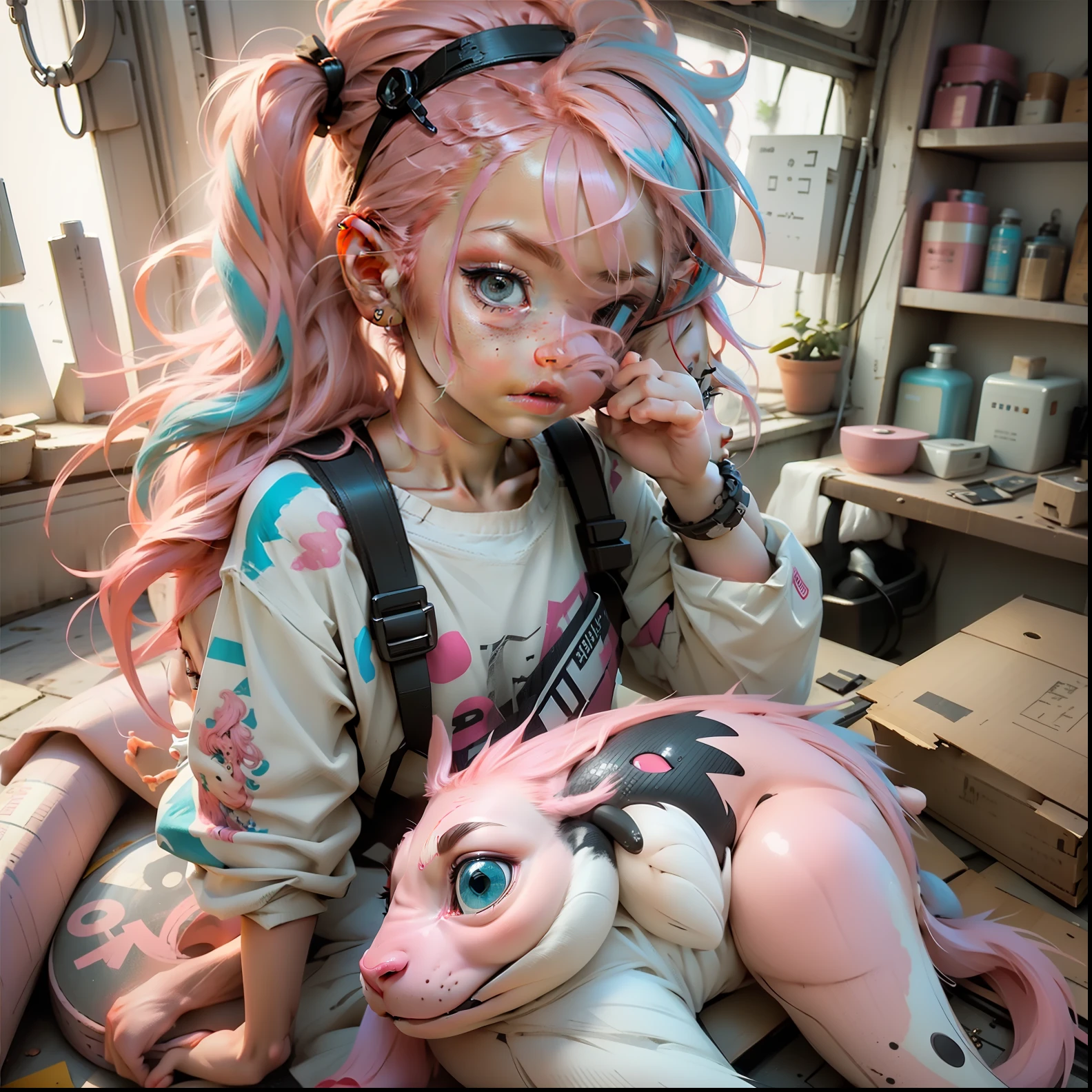 1 little girl, cute, pink hair, cartoon, side face