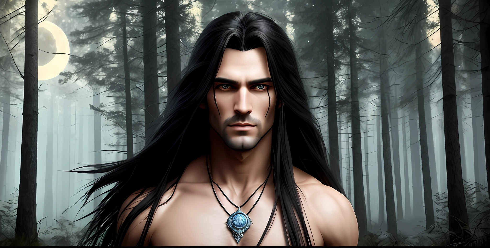 There is a man with long black hair and a necklace, dark windblown hair, male, long flowing dark hair, long crow hair, long black hair, with long dark hair, with long piercing hair, with long black hair, Second Life avatar, male vampire, insanely handsome, toned muscles, beautiful eye, detailed pupil, smoke, mysterious ancient ruin, Detailed features of clothing, dark background, forest, tall trees, moon, realistic epic, adobe lightroom, warm lights, dramatic light, (intricate details:1.1), soft cinematic portrait, with dynamic angle and dramatic pose, light blue eyes, stunning illustration