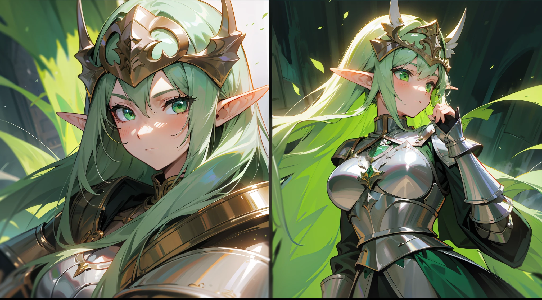 elf, long straight green hair, green eyes, paladin, silver armor, heroic pose, serene expression, fantasy, medieval, dungeon