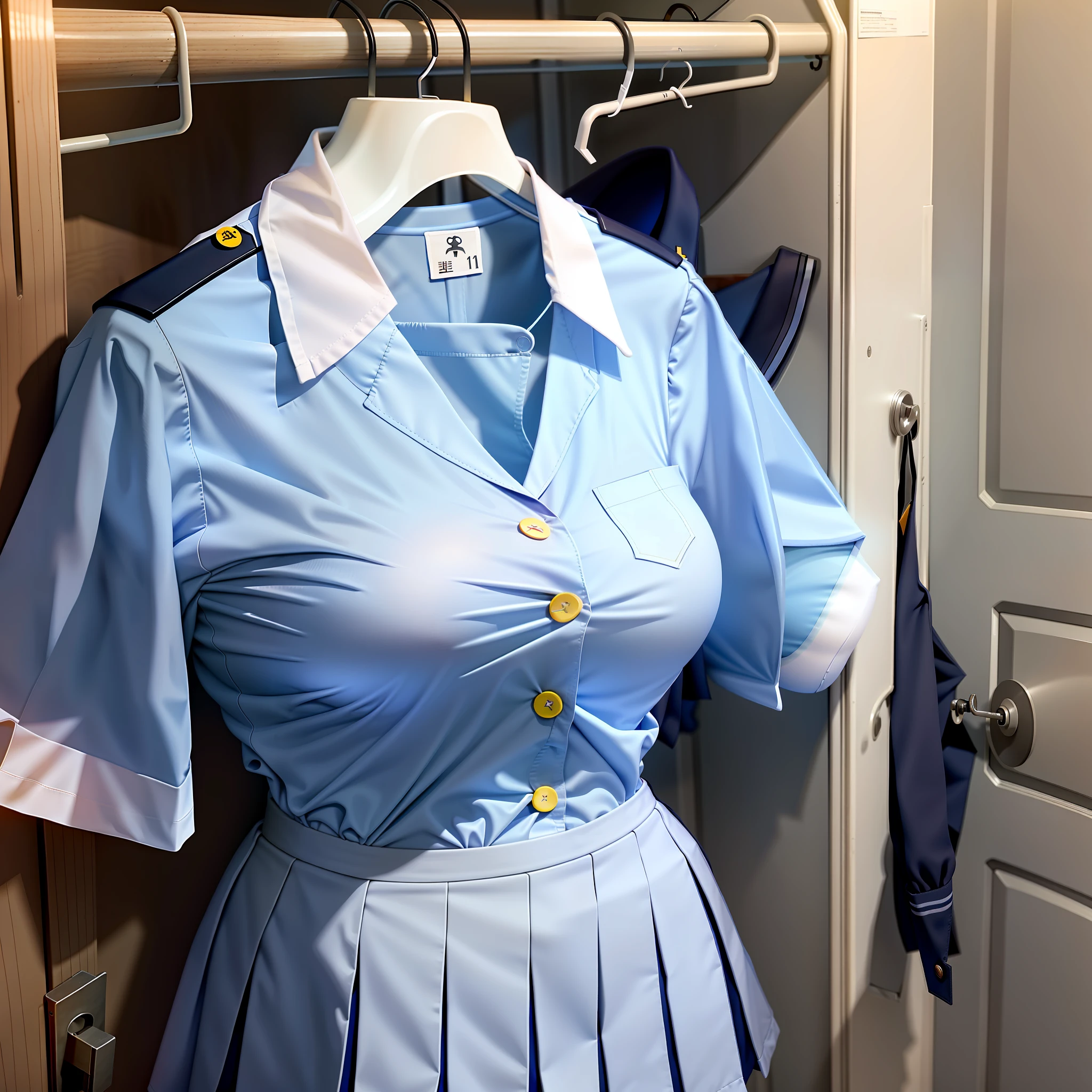 hanger school uniforms in closet raise their sleeves as if invisible girl wear it, school uniforms swells as if possessed by invisible girls, school uniforms have huge breasts and cleavage, (((no humans))), (headless), faceless, invisible girls, from above, (hanger), short sleeves