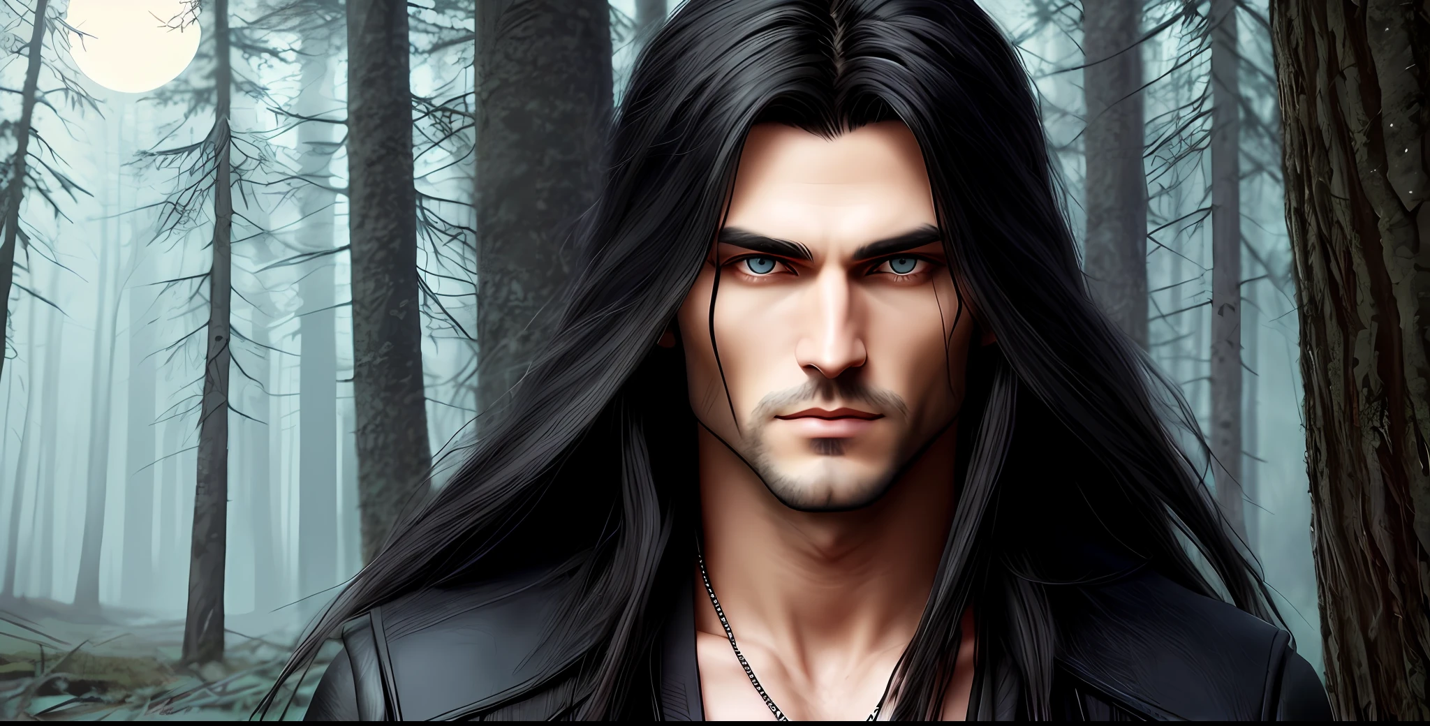 There is a man with long black hair and a necklace, dark windblown hair, male, long flowing dark hair, long crow hair, long black hair, with long dark hair, with long piercing hair, with long black hair, Second Life avatar, male vampire, insanely handsome, toned muscles, beautiful eye, detailed pupil, smoke, mysterious ancient ruin, Detailed features of clothing, dark background, forest, tall trees, moon, realistic epic, adobe lightroom, warm lights, dramatic light, (intricate details:1.1), soft cinematic portrait, with dynamic angle and dramatic pose, light blue eyes, stunning illustration