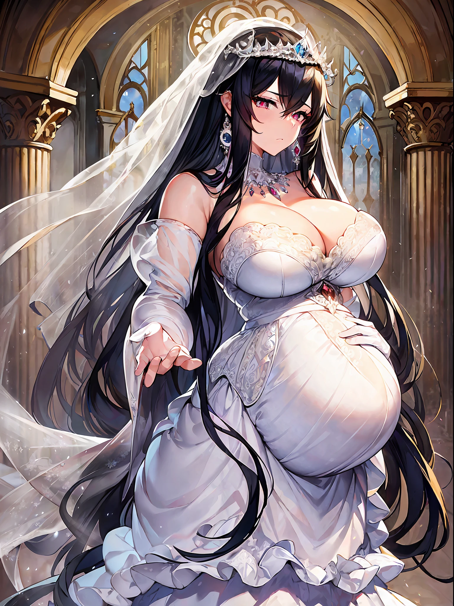 ((anime artstyle)),(((Masterpiece))), ((Best Quality)), ((Super Detail)), Illustration, (((Very Delicate and Beautiful))),Dynamic Angle,Looking at viewer,((((Solo)))),(((Full body))),(((1 arrogant pregnant empress in See-through white wedding dress having a wedding ceremony in a royal palace))),((((heavily pregnant)))),last month of pregnancy,(standing),((embarrassed)),anguish,Purple eyes,(Sharp eyes),Detailed Face, Long Eyelashes,Jet Black Hair,Straight Hair,((Very Long Hair)),Bangs between eyes, ((((gigantic breasts)))),cleavage,skindentation,curvy,See-through,(((fusion of See-through white wedding dress and white rococo ball gown))),(fluffy See-through white wedding dress with gorgeous embroidery),(((hoop skirt))),long skirt,corset,crinoline,long bridal veil,opera gloves,finely decorated jeweled big tiara, gem earrings,finely decorated necklace,Beautifully jeweled ornaments,indoor,white lily flowers, flower petals flowing,Stained glass,light particles,