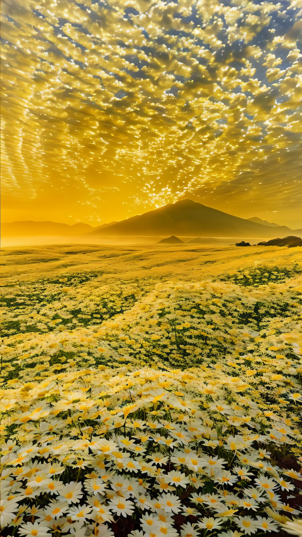 there is a field of daisies in the foreground with a mountain in the distance, surreal waiizi flowers, yellow mist, golden morning light, golden heavenly lights, inspired by Phil Koch, golden mist, heavenly landscape, golden rays of sunlight, yellow radiant magic, golden rays, yellow volumetric fog, mythical floral hills, dreamlike sunraise, by Phil Koch