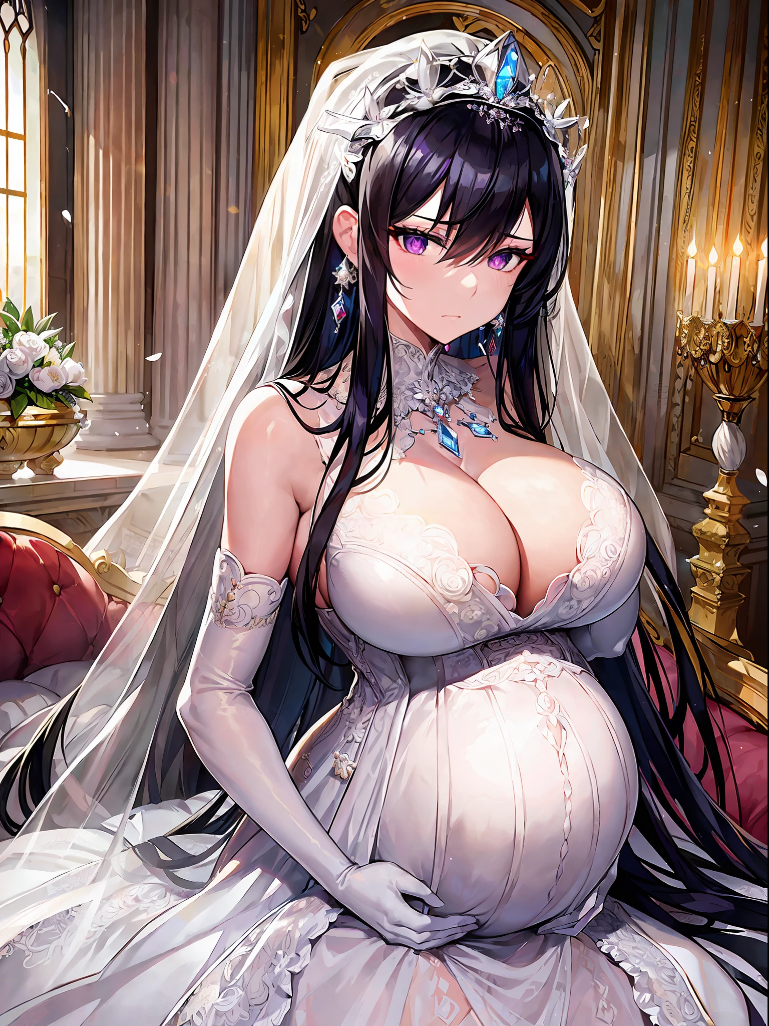 ((anime artstyle)),(((Masterpiece))), ((Best Quality)), ((Super Detail)), Illustration, (((Very Delicate and Beautiful))),Dynamic Angle,Looking at viewer,((((Solo)))),(((Full body))),(((1 arrogant pregnant empress in See-through white wedding dress having a wedding ceremony in a royal palace))),((((heavily pregnant)))),last month of pregnancy,(standing),((embarrassed)),anguish,Purple eyes,(Sharp eyes),Detailed Face, Long Eyelashes,Jet Black Hair,Straight Hair,((Very Long Hair)),Bangs between eyes, ((((gigantic breasts)))),cleavage,skindentation,curvy,See-through,(((fusion of See-through white wedding dress and white rococo ball gown))),(fluffy See-through white wedding dress with gorgeous embroidery),(((hoop skirt))),long skirt,corset,crinoline,long bridal veil,opera gloves,finely decorated jeweled big tiara, gem earrings,finely decorated necklace,Beautifully jeweled ornaments,indoor,white lily flowers, flower petals flowing,Stained glass,light particles,