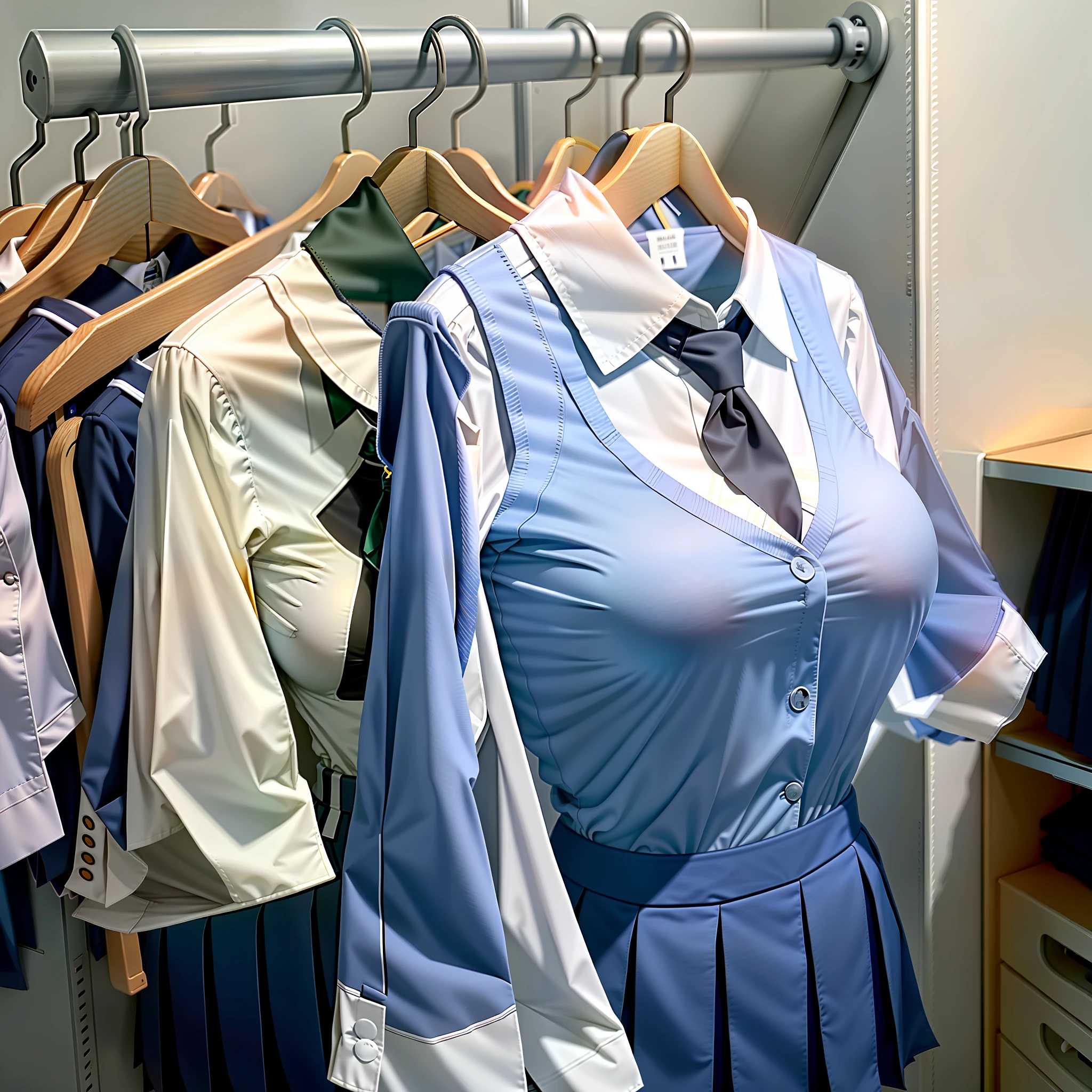 hanger school uniforms in closet raise their sleeves as if invisible girl wear it, school uniforms swells as if possessed by invisible girls, school uniforms have huge breasts and cleavage, (((no humans))), (headless), faceless, invisible girls, from above, (hanger), short sleeves