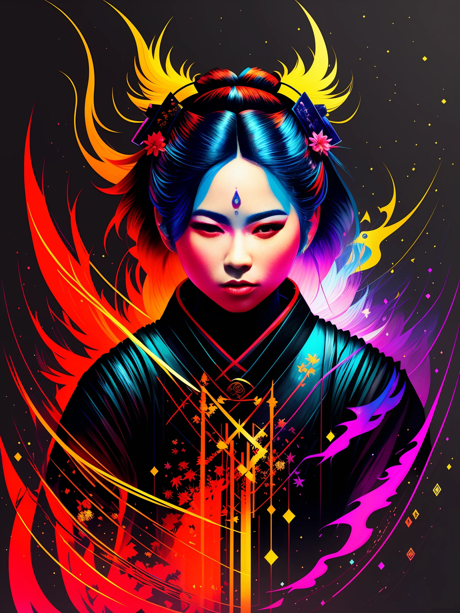 a close up of a woman with a colorful hair and a black background, stunning digital illustration, cyberpunk geisha, jen bartel, beautiful digital artwork, beautiful art uhd 4 k, vibrant digital painting, rossdraws cartoon vibrant, colorfull digital fantasy art, 4k detailed digital art, exquisite digital illustration, very beautiful cyberpunk samurai, gorgeous digital art
