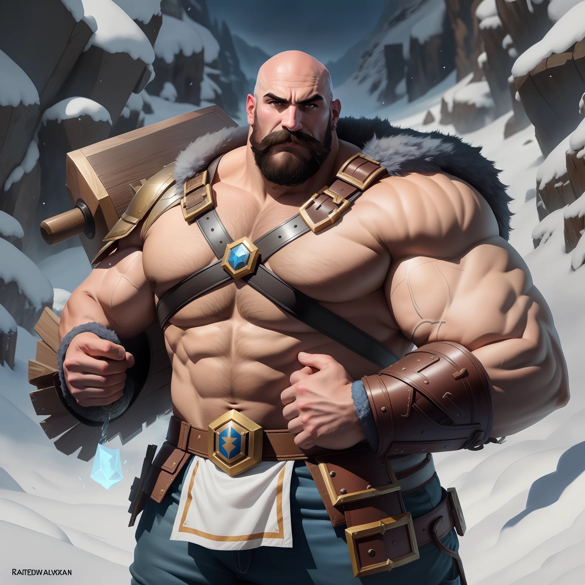 Braum from League Of Legends, wearing armored plates pant, right hand holding a big and thick square-shaped wooden shield, right shoulder pad covered with white fur, muscular, hunk, big body, tall, bara, bald head, big black moustache, no beard, happy face, blue thick line square tattoos on his left side of the body, high resolution, snowy mountains background