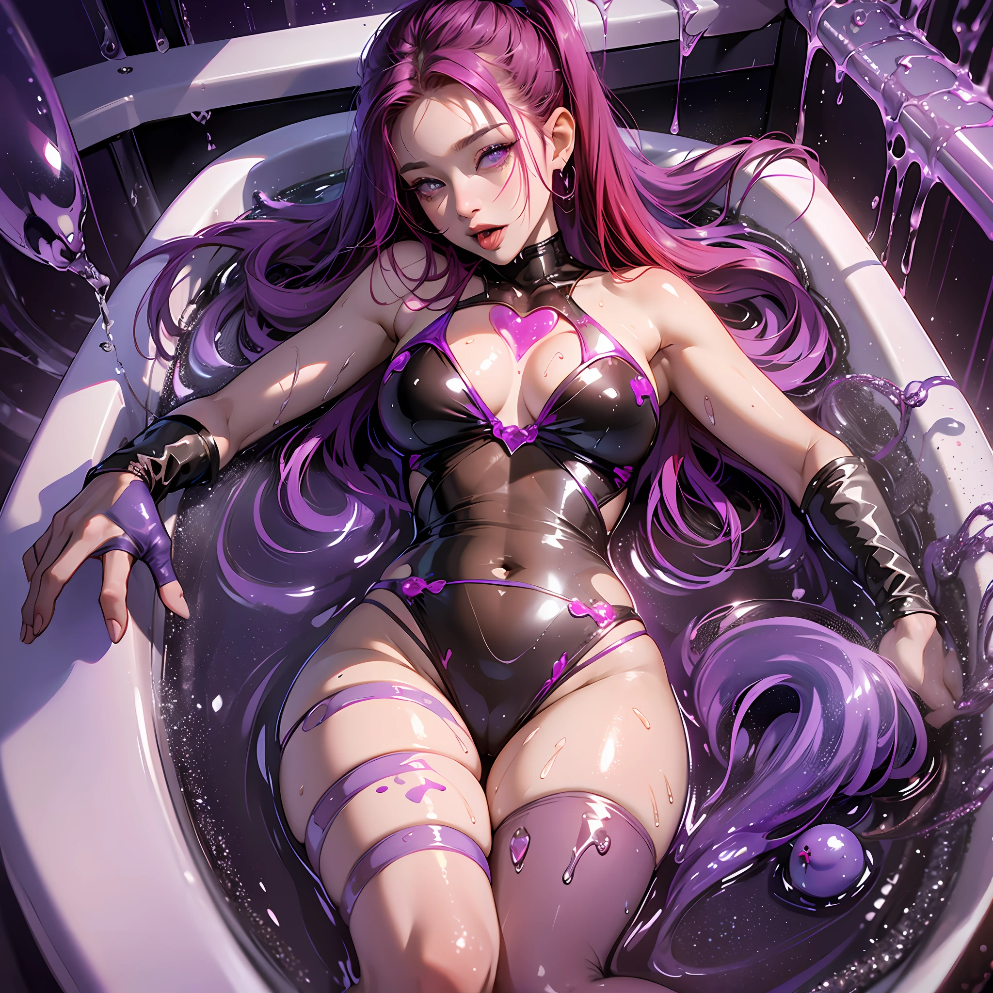 view from above, succubus, light skin, red hair, ahegao, glowing womb tattoo, tongue out, very long tongue, winks at camera, perfect body, heart shaped iris, body mostly covered in purple slime, dripping, saliva dripping, fishnets, succubus emerging with ecstasy from bathtub filled deepl with purple slime, drinking purple liquid drops, tilting head in anticipation towards liquid drips, wet skin, mind break effect, masterpiece, hyper realistic anime art, sticky purple liquid , bathing in purple liquid, erotic pose, seductive, begging, transparent fullbody swimsuit --auto --s2