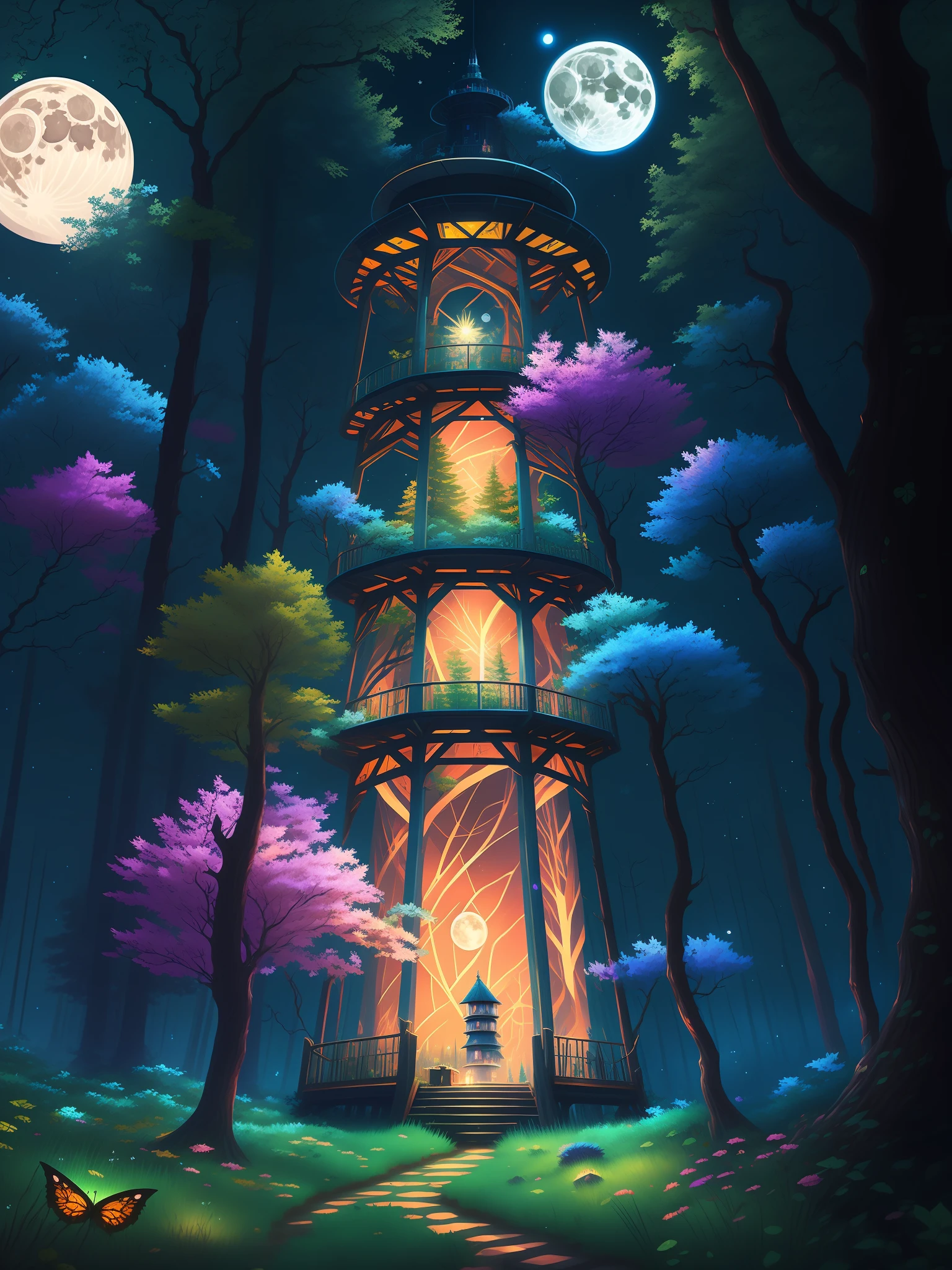 painting of a tower in the middle of a forest with a full moon, enchanted forest tower, beautiful painting of a tall, 8k stunning artwork, anime lush john 8k woods, beautiful art uhd 4 k, painted tower of the moon, jen bartel, 4k highly detailed digital art, anime art wallpaper 4k, anime art wallpaper 4 k