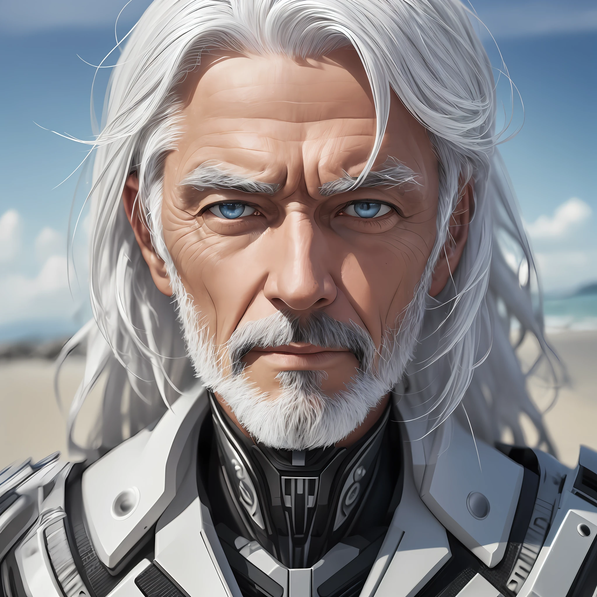 Create a realistic photo of an 48-year-old Cyborg man, white hair, in white colors and black details, on a beach. (8k wallpaper of extremely detailed CG unit), photo of the most beautiful artwork in the world, majestic professional (photography with 8k uhd, dslr, soft lighting, high quality, grain of film, sharp focus Fujifilm XT3, f 5.6, high detail, sharp focus, dramatic, (looking at the viewer: 1.2), (detailed pupils: 1.3), (natural light), Size 2048X3072 --auto --s2