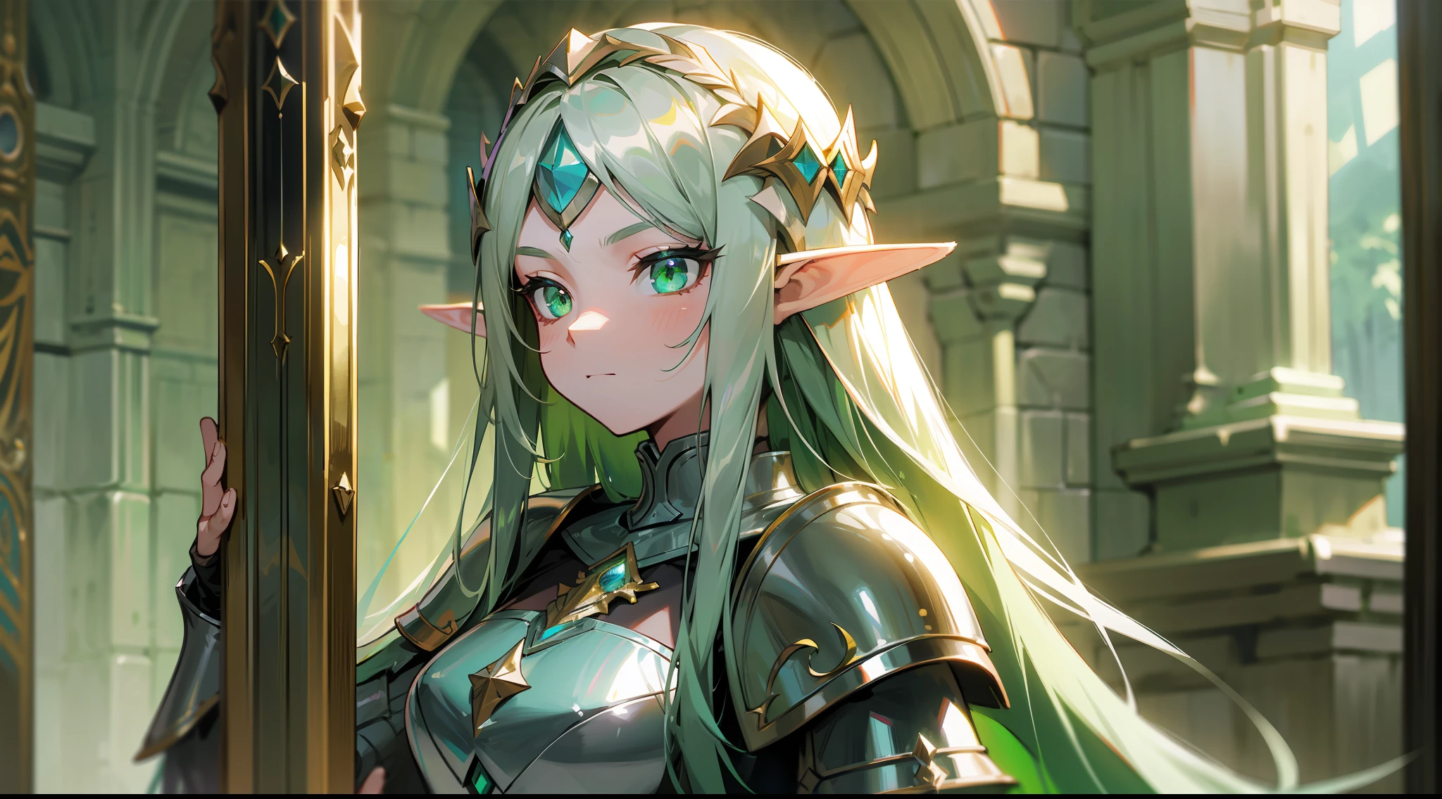 elf, long straight green hair, green eyes, paladin, silver heavy armor, heroic pose, serene expression, fantasy, medieval, dark dungeon, lens reflection