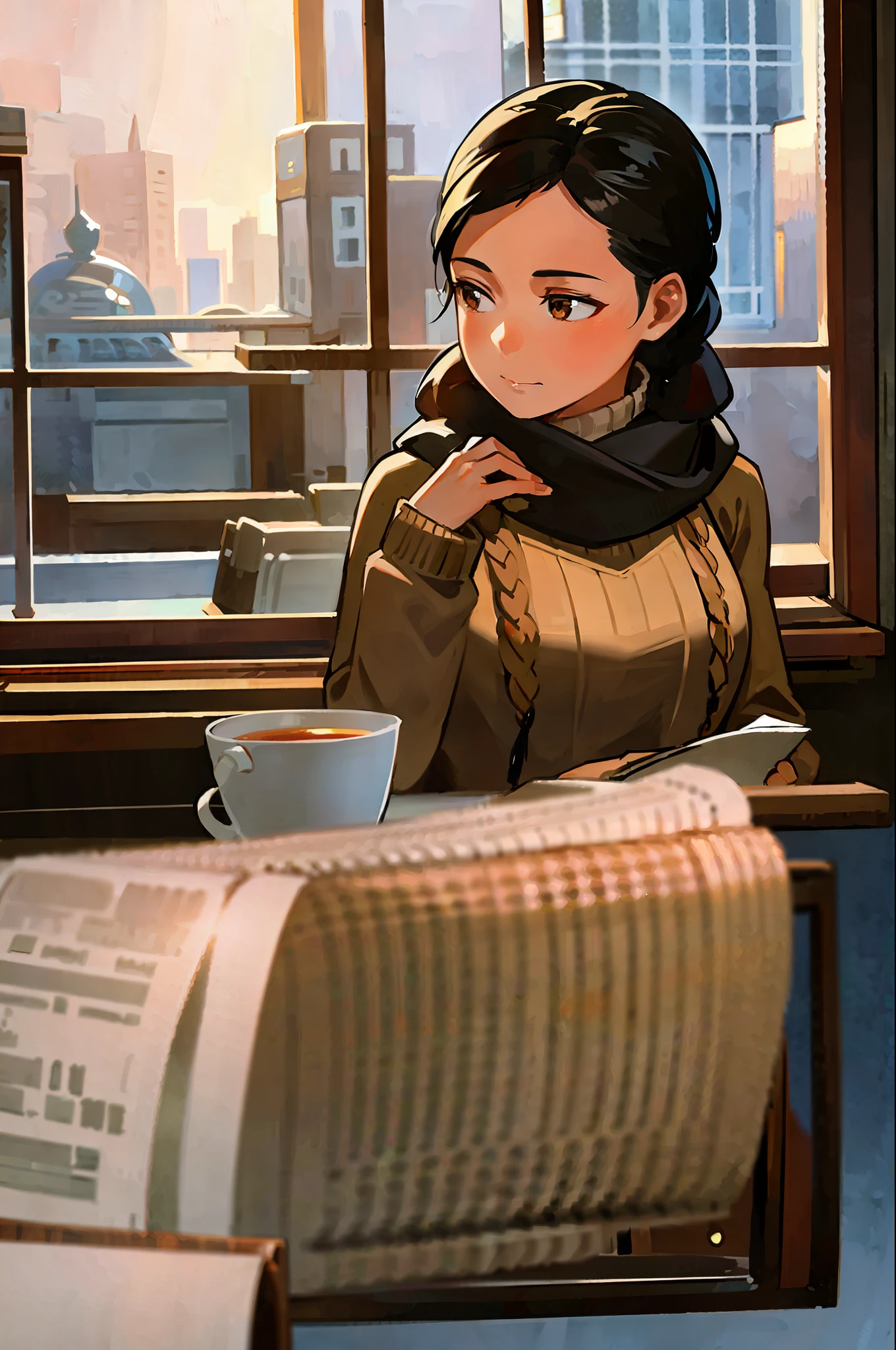 1girl, solo, black hair, braid, indoors, upper body, closed mouth, brown eyes, sweater, scarf, winter fashion, cozy expression, cup of tea, food, window.