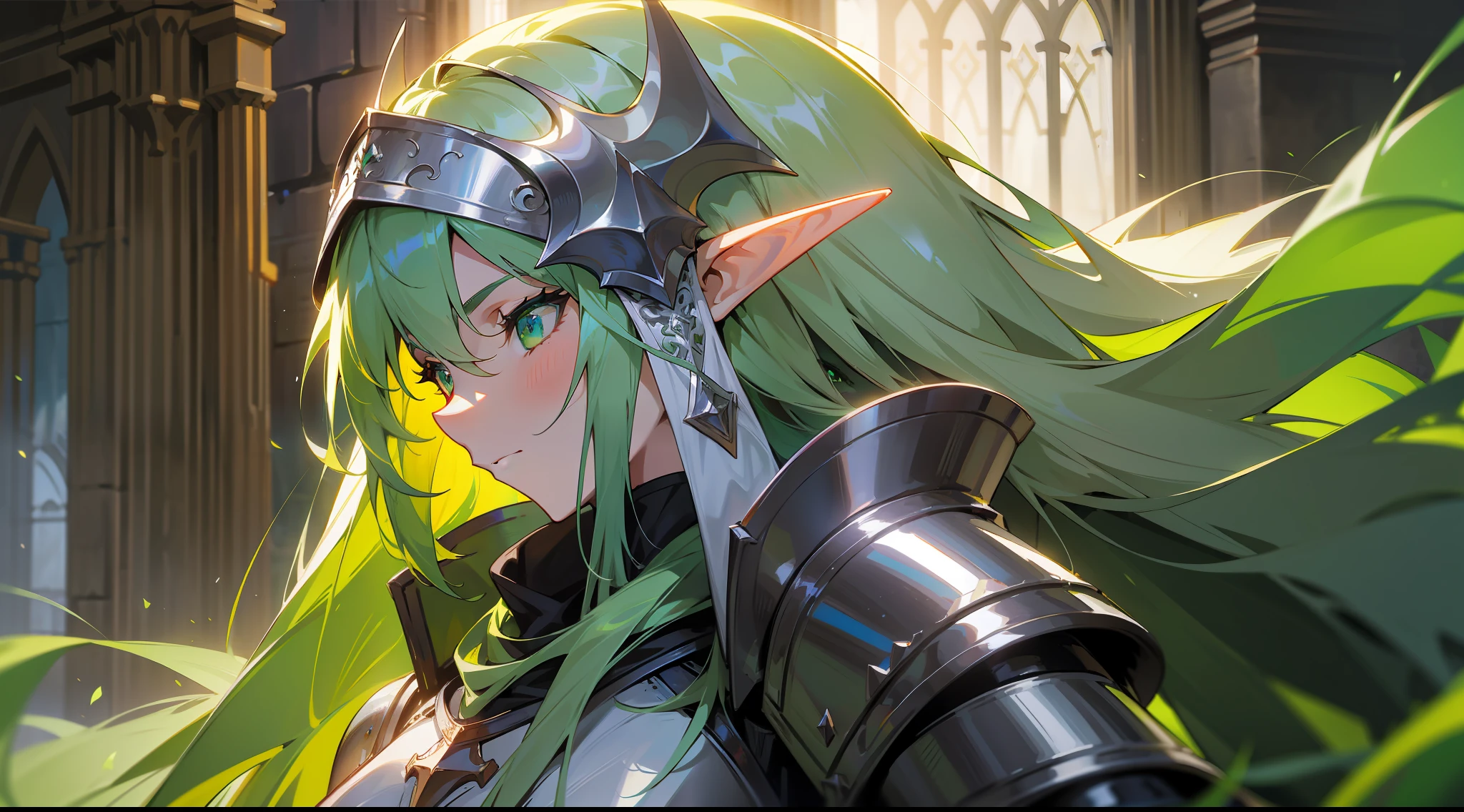 elf, long straight green hair, green eyes, paladin, silver heavy armor, heroic pose, serene expression, fantasy, medieval, dark dungeon, lens reflection