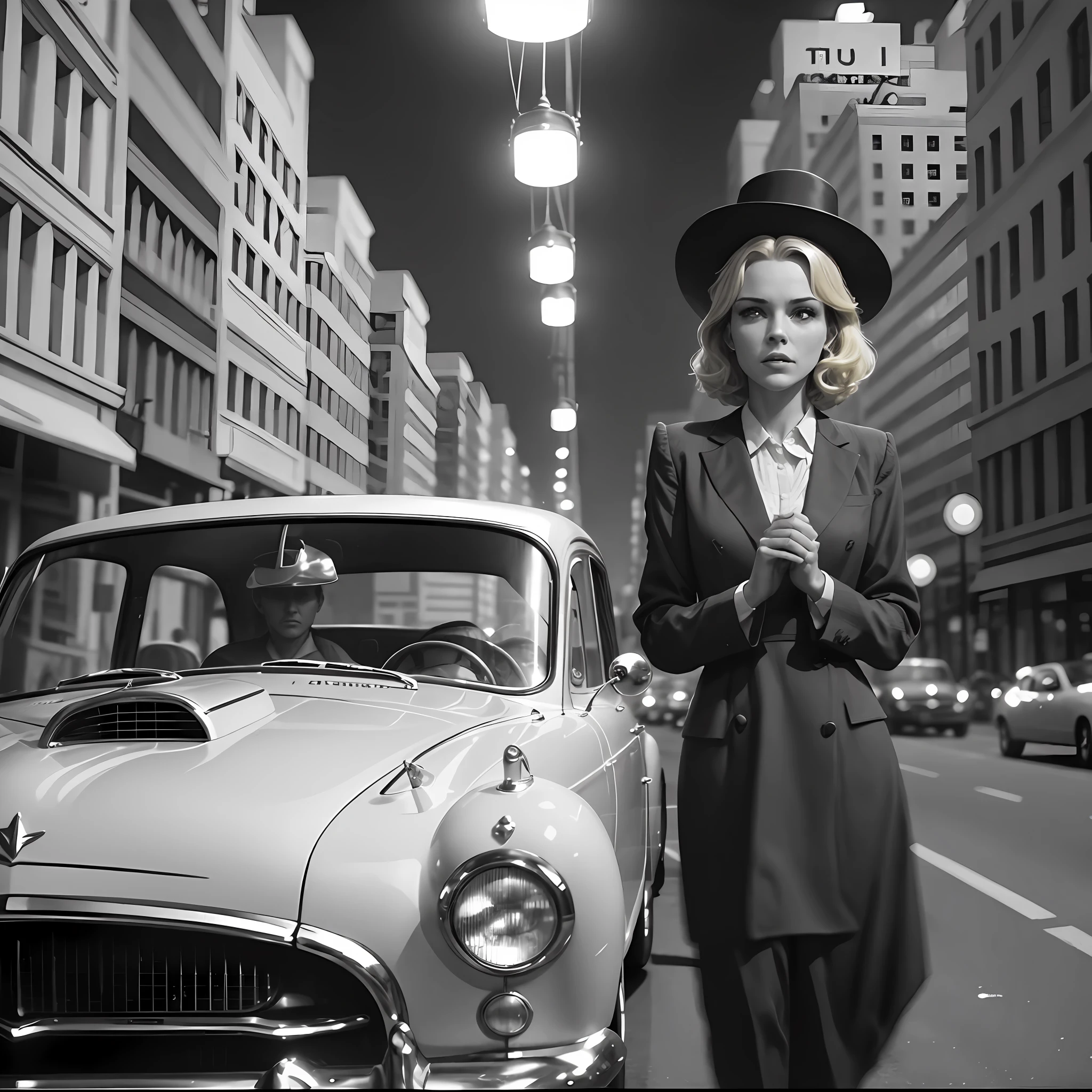 a black and white photo of two people in a car, movie screenshot, vanilla - colored lighting, film noirs, high hat, ffffound, looking at each other mindlessly, flat roads, blonde woman, netting, still from the film, 'wherever you go, advertising visualization --auto --s2