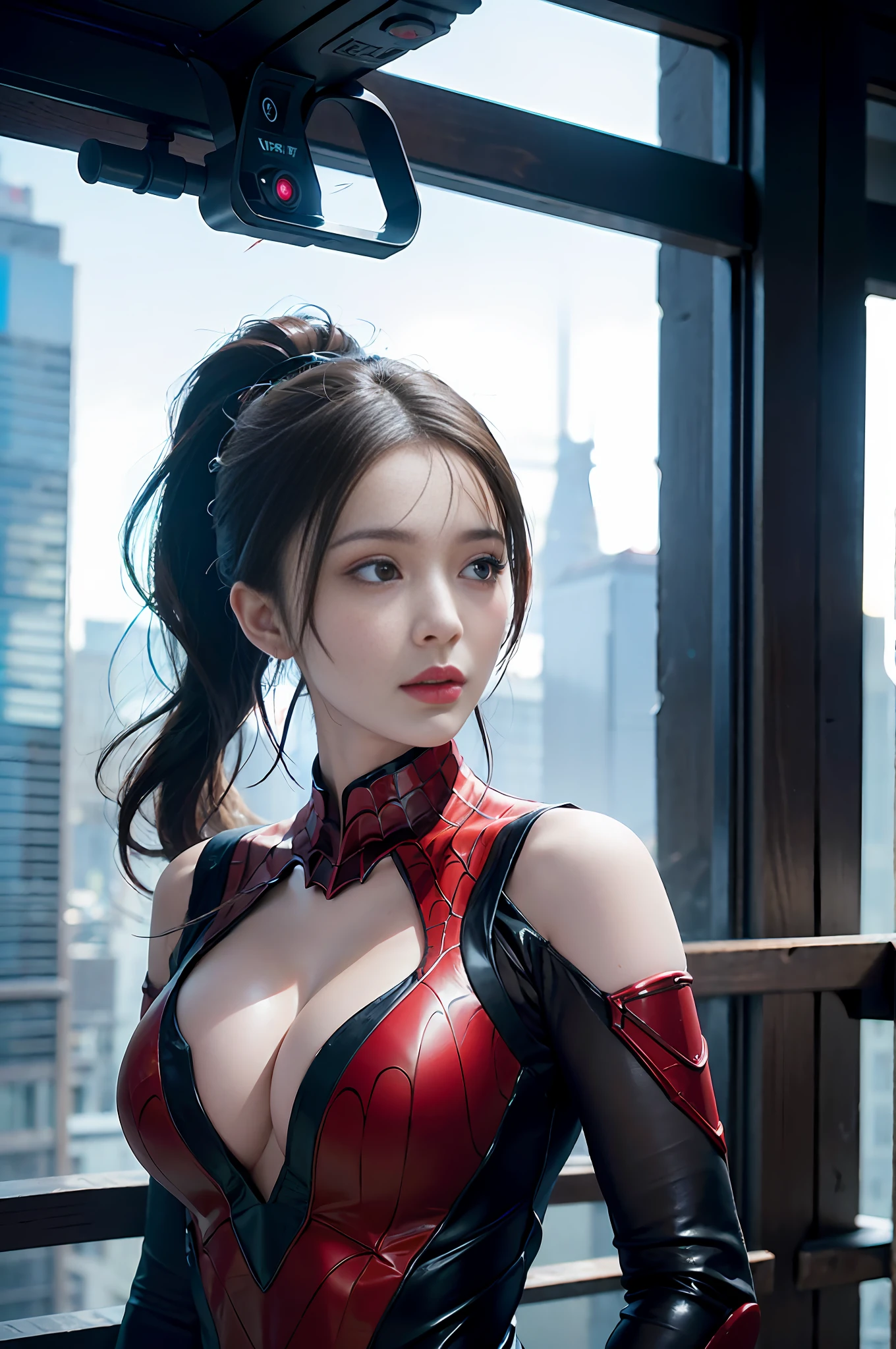 RAW, masterpiece, super fine photo, big breasts, cutouts, best quality, super high resolution, photorealistic realism, sunlight, full body portrait, amazing beauty, bun, double ponytail, dynamic pose, delicate face, vibrant eyes, (viewed from the side), she is wearing a futuristic steel woman Spider-Man costume, red and black, very detailed background, detailed face, detailed complex busy background, messy, gorgeous, milky, highly detailed skin, realistic skin details, visible pores, sharp focus, Volumetric fog, 8k uhd, DSLR, high quality, film grain, fair skin, photo realism, lomography, sprawling metropolis in futuristic dystopia, seen from below, translucent